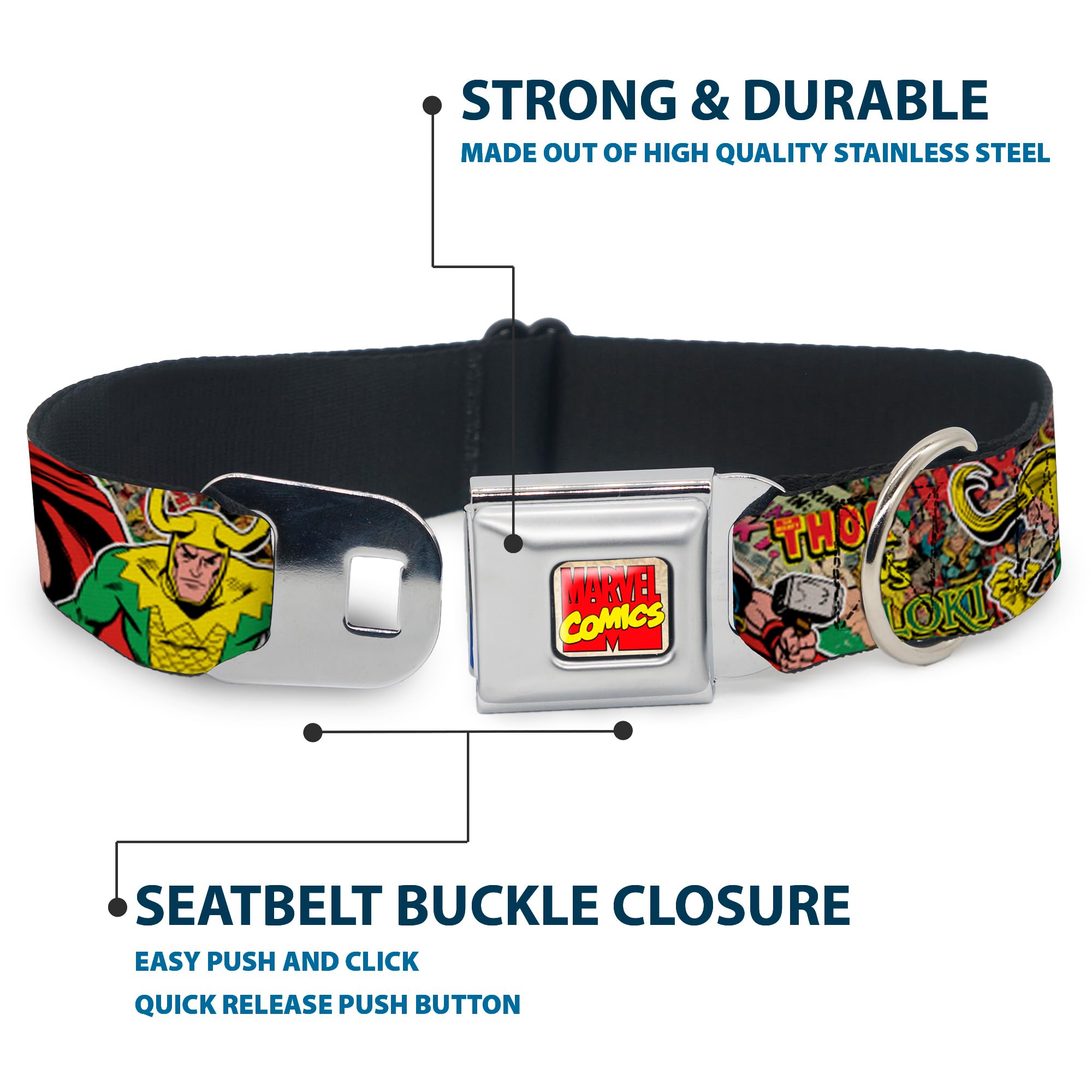 Buckle-Down Seatbelt Buckle Dog Collar - Thor & Loki Poses/Retro Comic Books Stacked - 1.5 Wide - Fits 18-32 Neck - Large