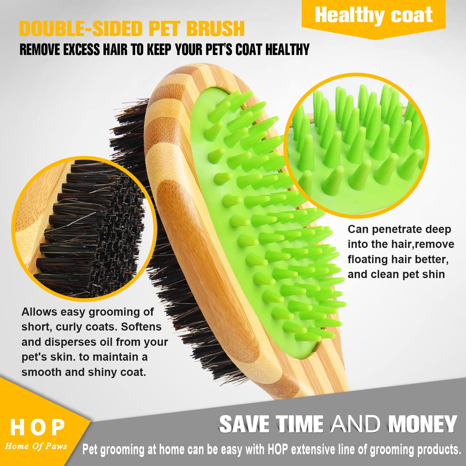 Hop Short Hair Dog Brush Pet Brushing Grooming Comb For Short Hair Coats Detangling And Shedding Coat Hair Remover Two Sided Removing Dirt & Loose Hair For Dogs Home Of Paws