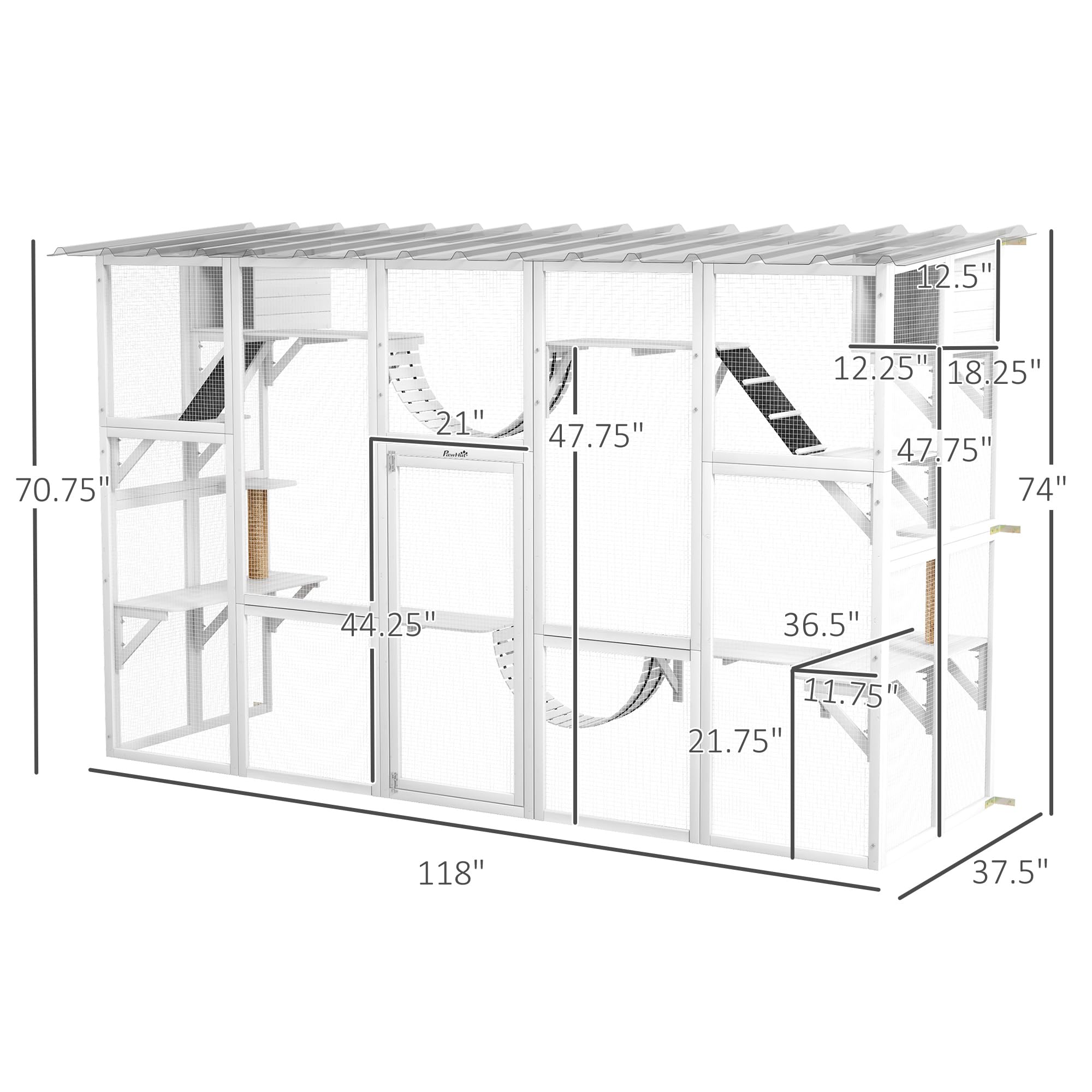 Pawhut Catio Playground Cat Window Box Outside Enclosure, Outdoor Cat House With Weather Protection Roof For Multiple Kitties, Wooden Frame, Shelves & Bridges, 118' X 37.5' X 74', White