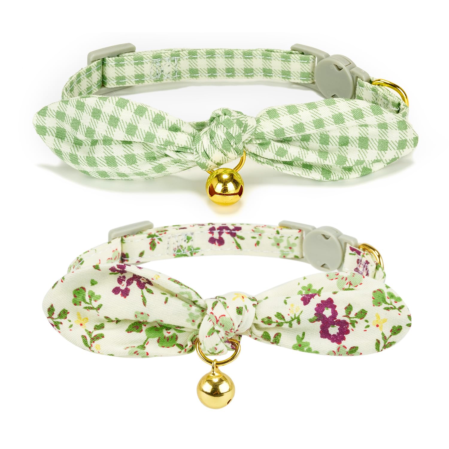 Yudote Bowtie Cat Collar With Bell, 2 Pack Cotton Breakaway Kitten Collars With Removeable Bow Stylish Cat Collars, Floral Green