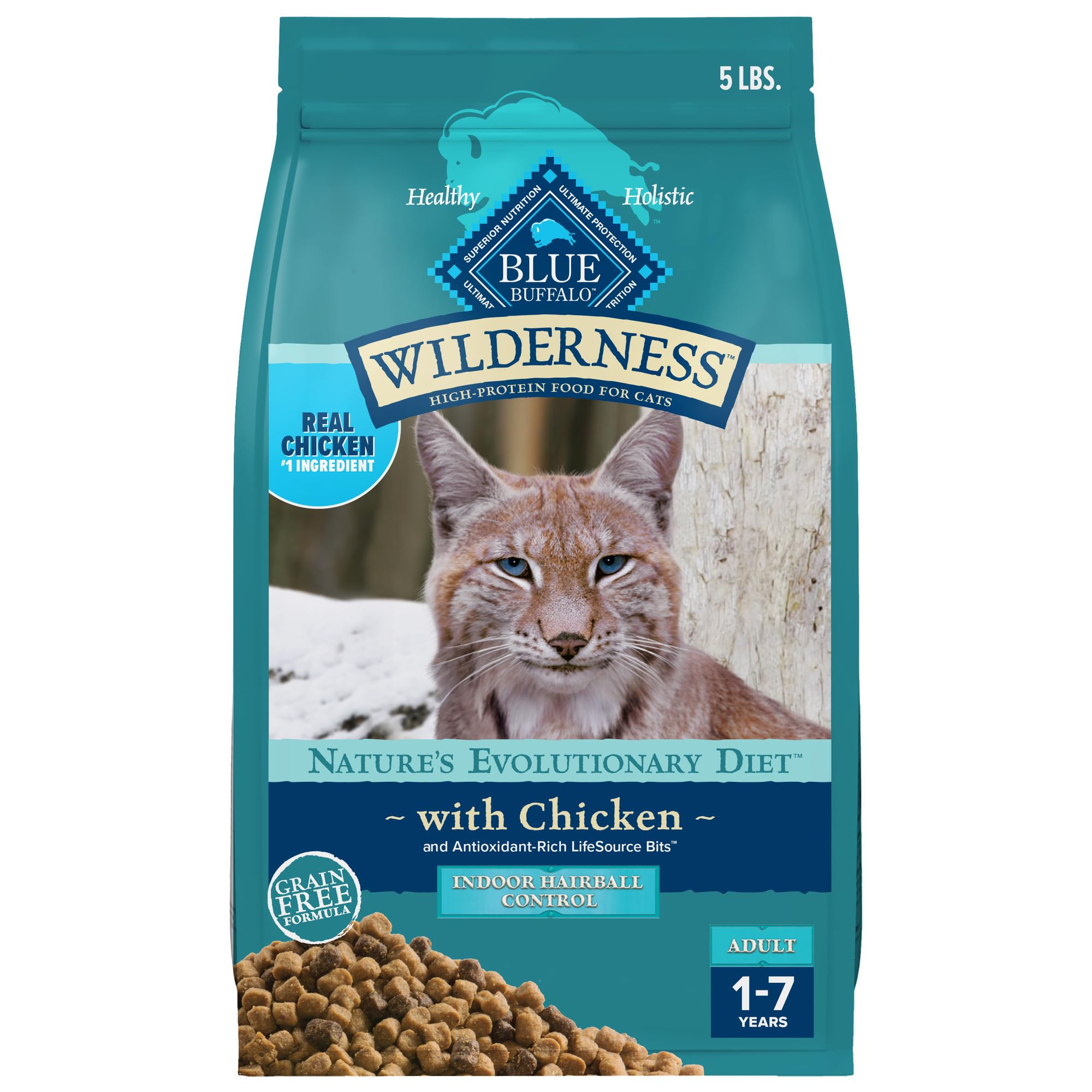 Blue Buffalo Wilderness Natural Hairball Care Dry Cat Food for Indoor Cats, High-Protein & Grain-Free Formula, Chicken, 5-lb. Ba