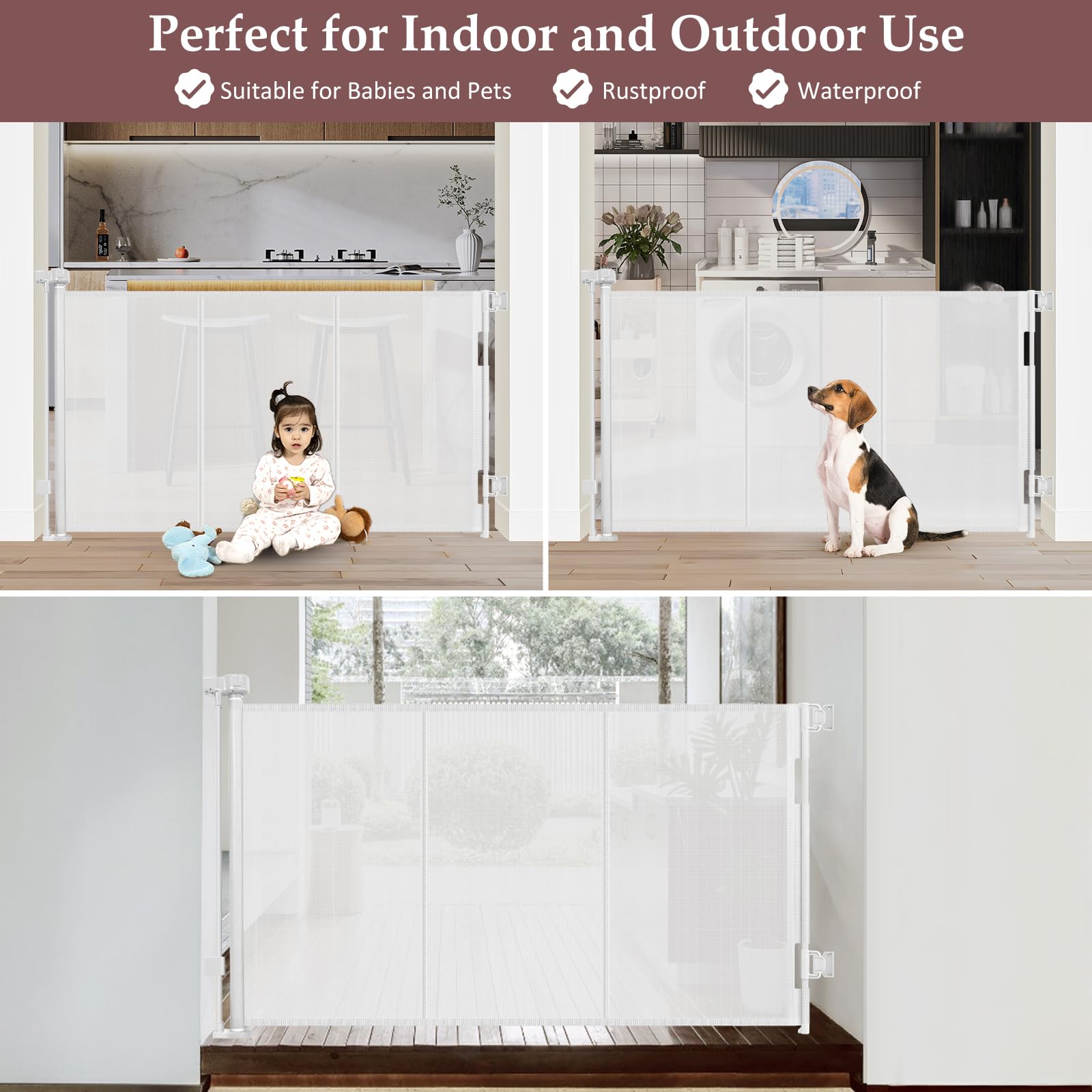 Reinforced Extra Tall Pet Gate 41 Inch, 55 Inch Wide Retractable Baby Gates with Support Rods Prevents Crawling Under, White