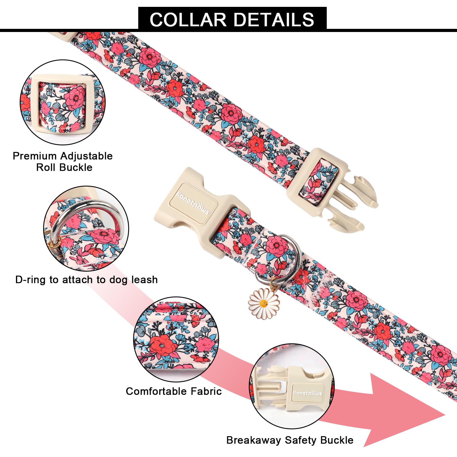 Lionet Paws Floral Dog Collar- Cute Red Pink Flower Dog Collars With Plastic Buckle, Light Adjustable Dog Collars For Small Dogs