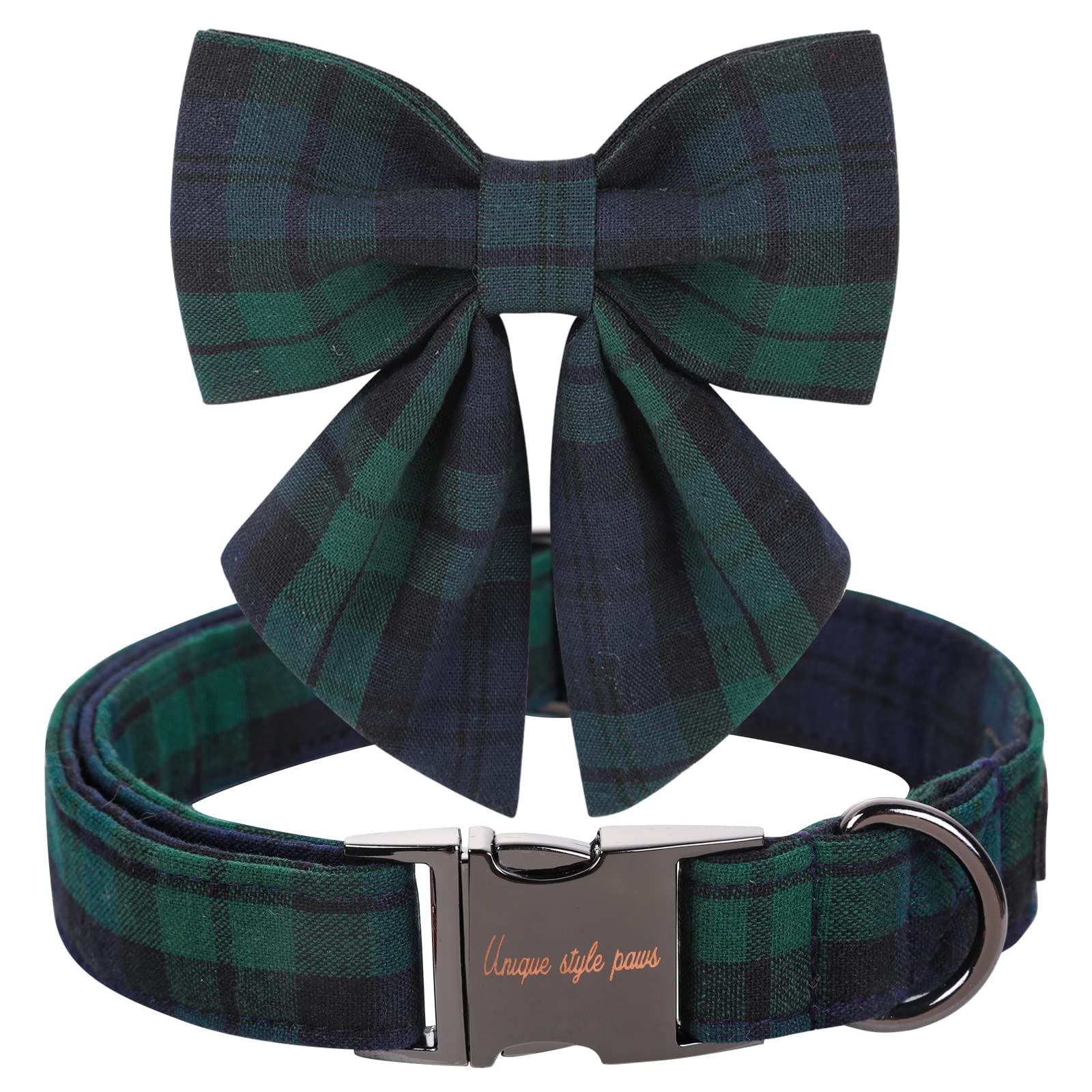 Unique Style Paws Christmas Dog Collar With Bow Tie Green Plaid Puppy Collar For Small Medium Large Dogs As Autumn Winter Pet Gifts-Xs