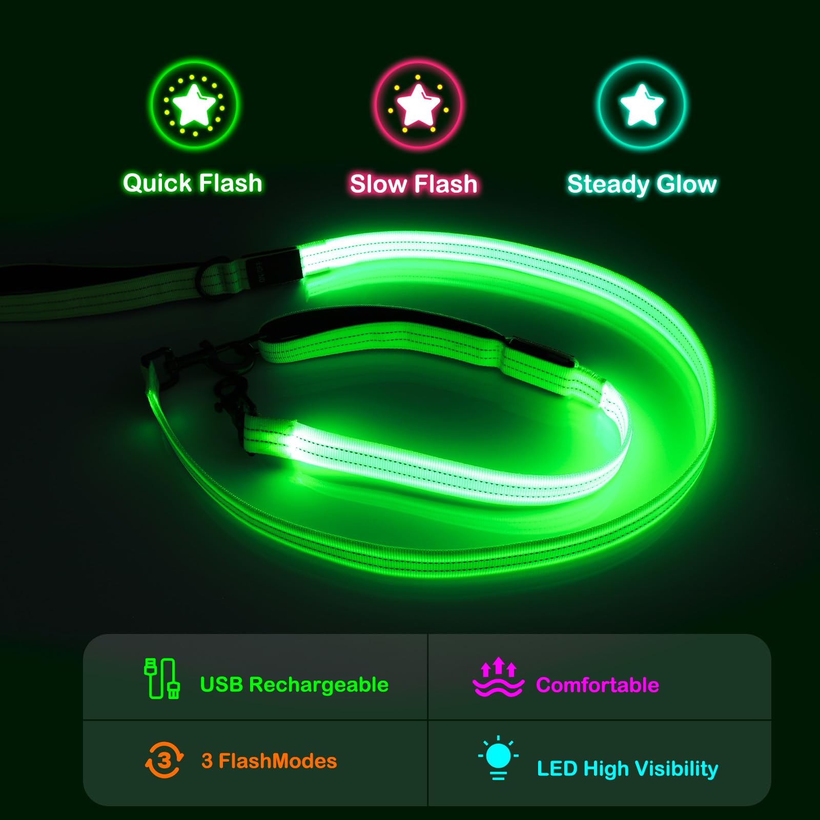 Dlitk Light Up Dog Leash, Led Leashes Rechargeable, Nylon Reflective Lead With Padded Handle For Night Walking, Safety Glow Ligh