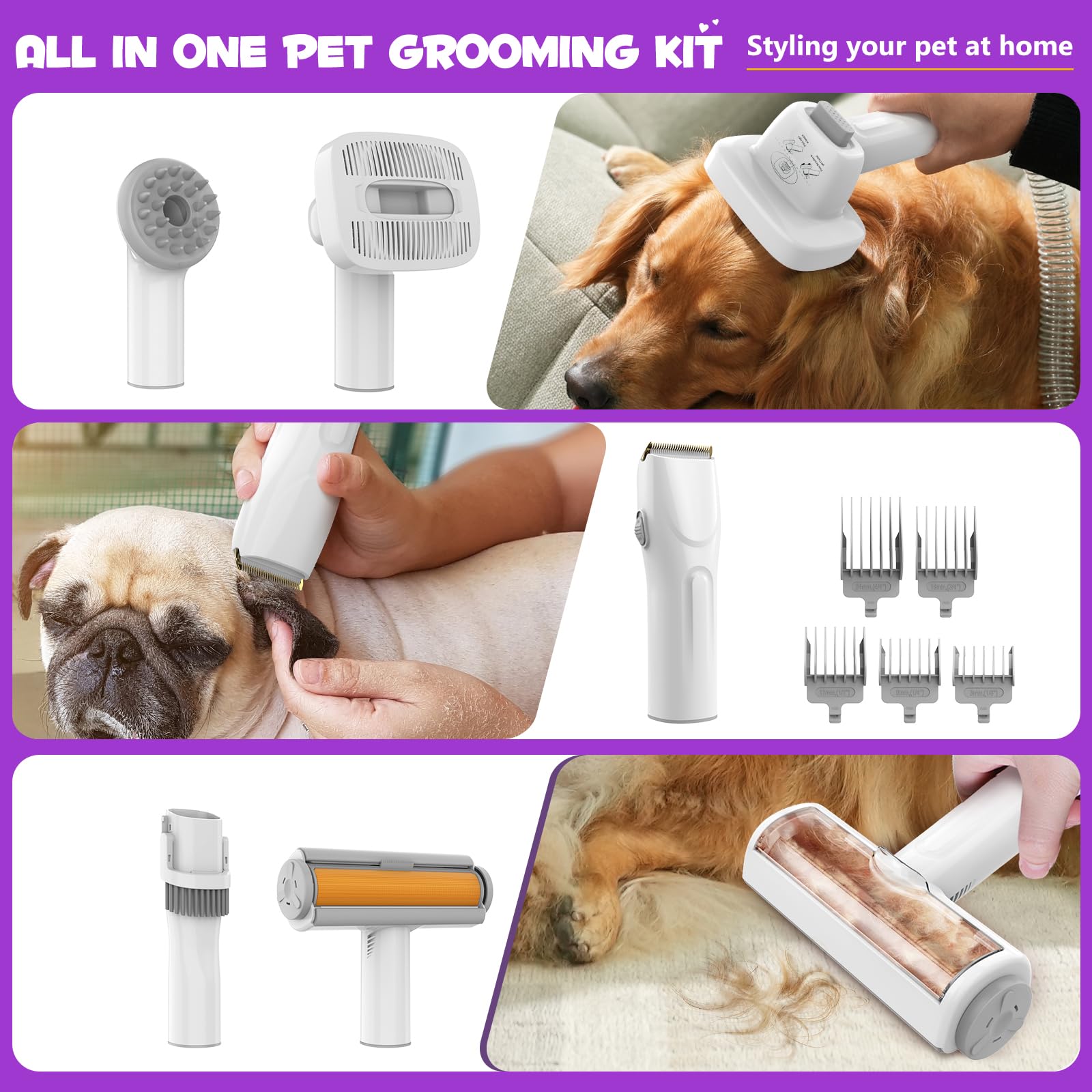 Homeika Pro Dog Grooming Kit&Vacuum, 3L Pet Grooming Vacuum 99% Pet Hair Suction, 5 Grooming Tools, 5 Combs, Quiet Pet Vacuum Gr