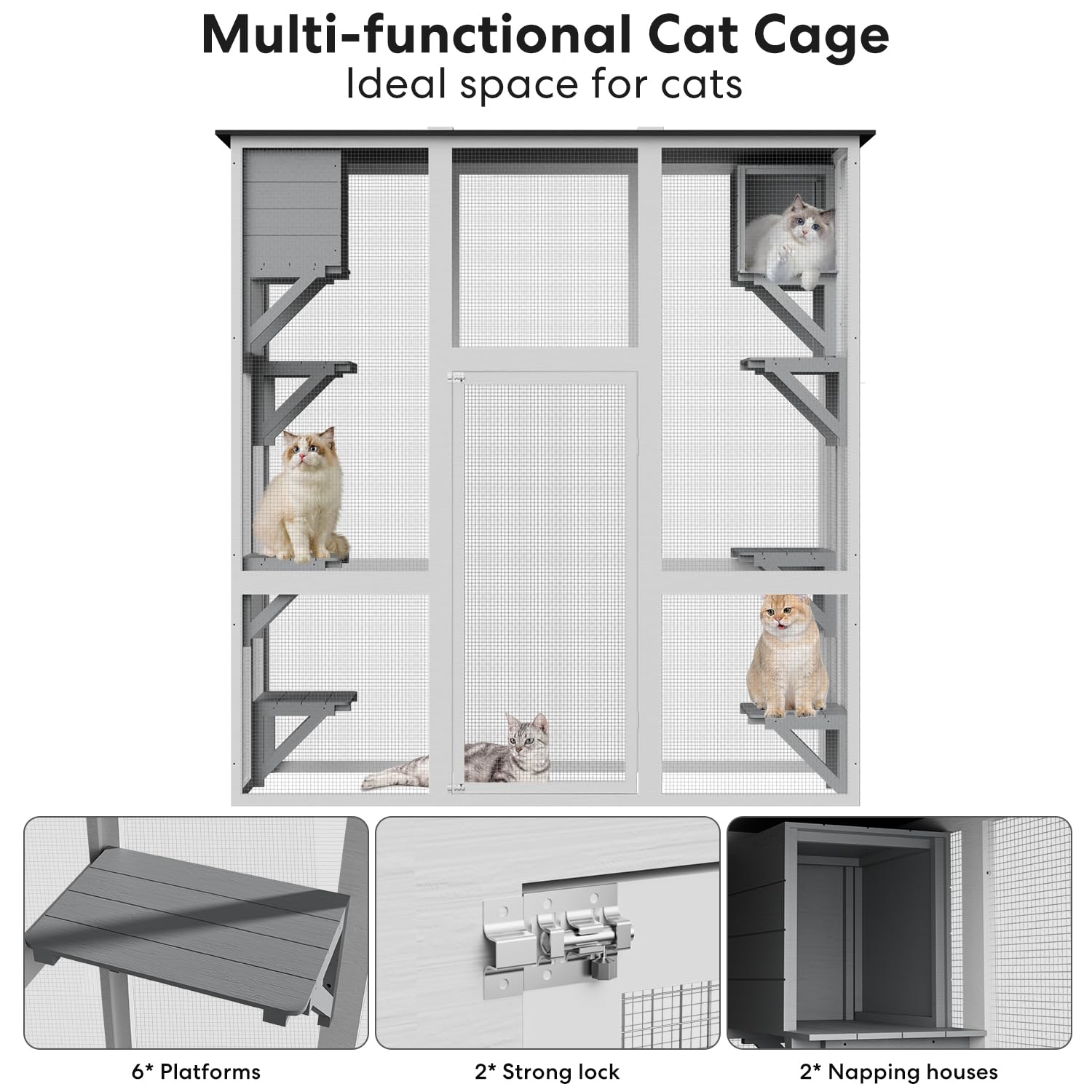 Miscoos Outdoor Wooden Cat Catio - Large Solid Wood Cat Cage Playpen With 8 Jumping Platforms & 2 Napping Houses, Walk-In Cat Ke