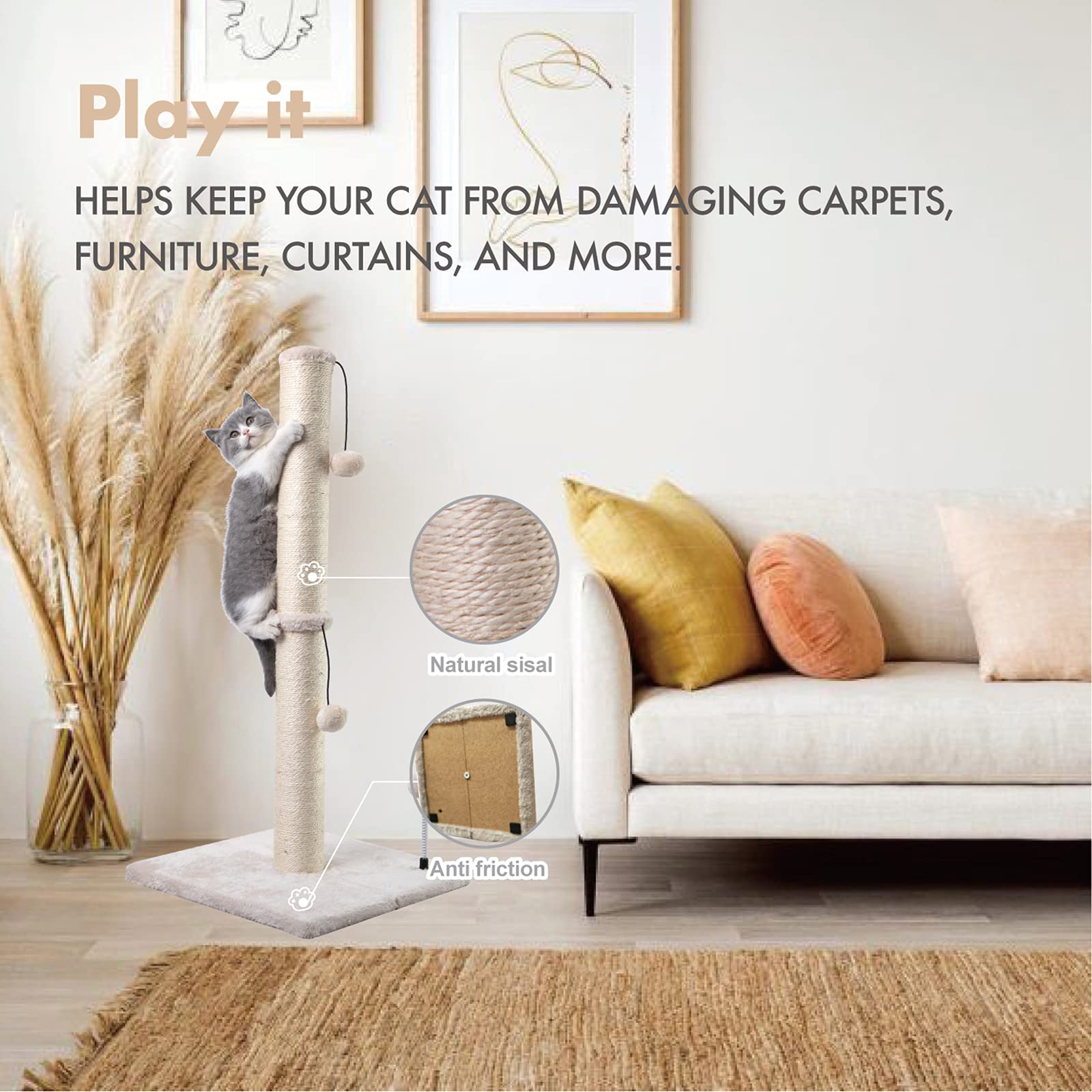 MECOOL 34    Tall Cat Scratching Post Premium Basics Kitten Scratcher Sisal Scratch Posts Trees with Hanging Ball for Indoor Cat