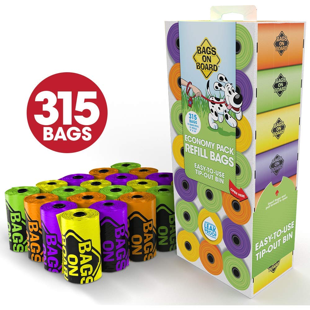Bags On Board Dog Poop Bags - Strong, Leak Proof Dog Waste Bags - 9 X14 Inches, 315 Multi-Colored Bags