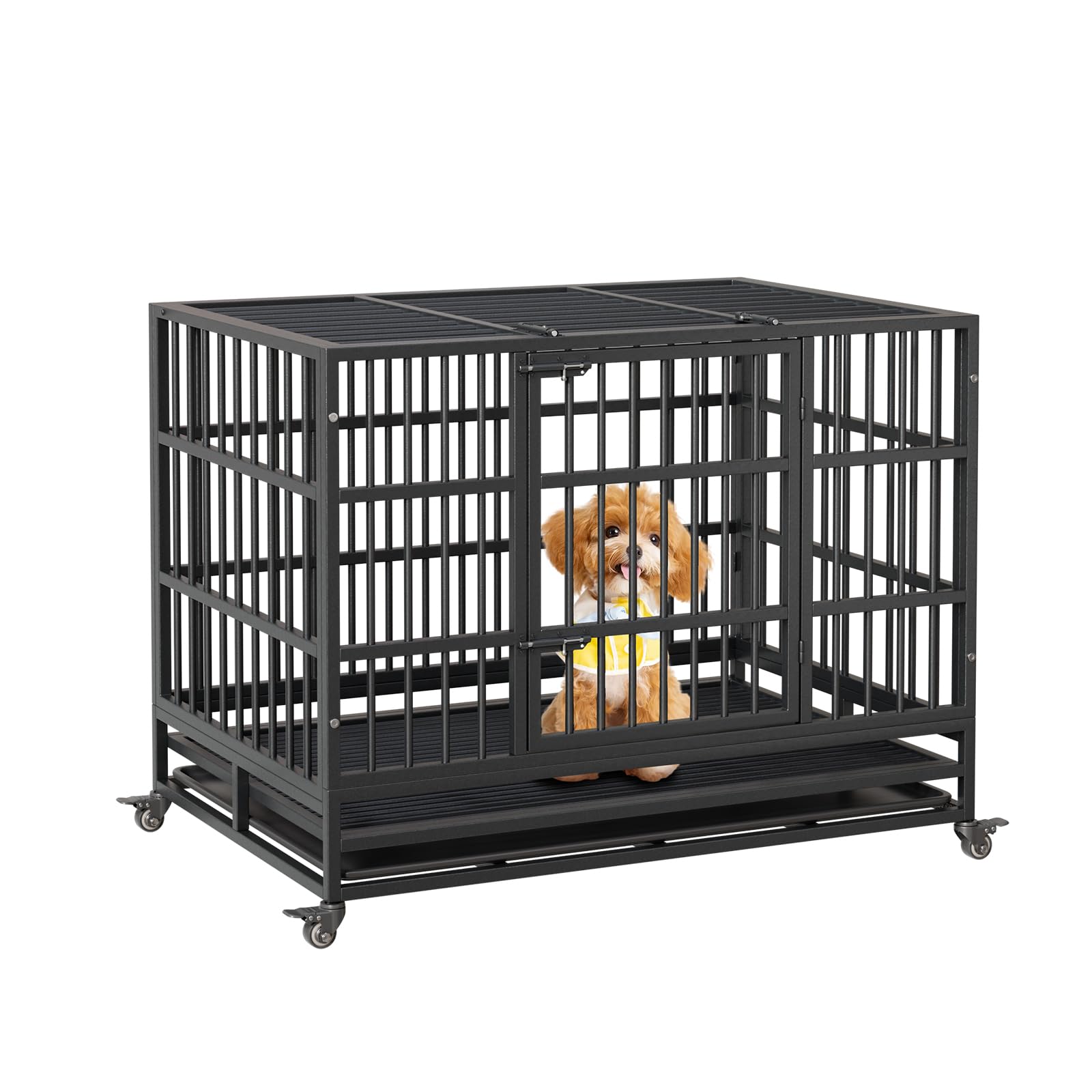 Heavy Duty Dog Crate, 42.5 Inch Indoor Dog Crate with Double Door, 360 Lockable Wheels and Removable Tray, Easy to Assembly,for