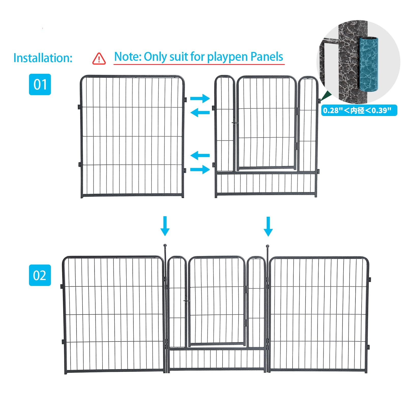 Dog Playpen Stakes - Dog Pens Accessories, For Indoor Outdoor Rv Puppy Large Medium Puppy Dog Playpen (49 Inch, Silver Black)