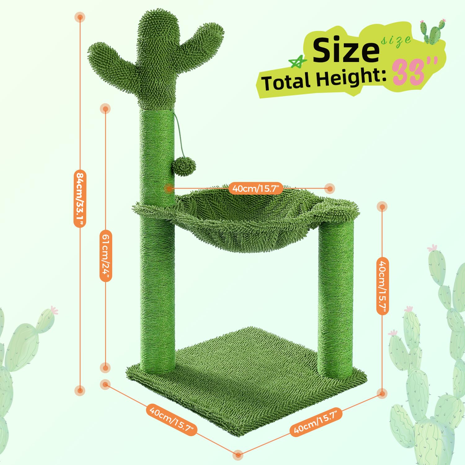 Pawz Road Cactus Cat Tree, 33 Inchs Cat Tower With Large Soft Hammock And Fully Wrapped Sisal Scratching Post For Indoor Cats