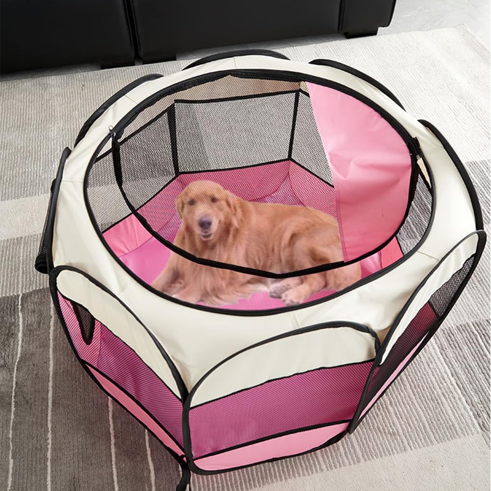 Mile High Life | Foldable Dog Playpen | Portable Dog Crate W Removable Shade Cover | Dog Kennel Indoor/Outdoor W Carry Case | Pen Tent For Dog/Cat/Rabbit(Beige Pink, Medium (36'X36'X23'))