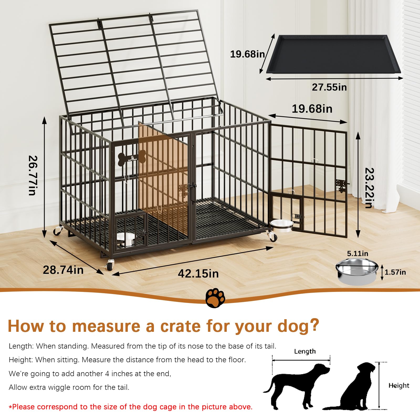 Dosker 42 Inch Heavy Duty Metal Dog Crate Cage With Divider For 2 Dogs/Large Dog,All Metal Open Top Escape Proof Cage,Dog Kennel