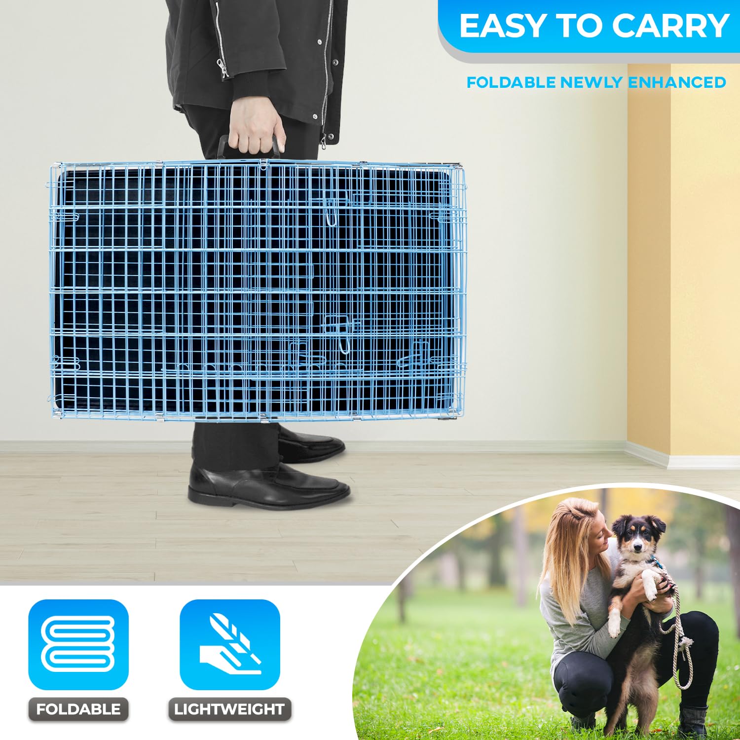 Fdw Dog Crate For Medium Dogs 30 Inch Folding Metal Wirepet Cage Double Door W/Divider Panel Indoor Outdoor Kennel Leak-Proof Pl