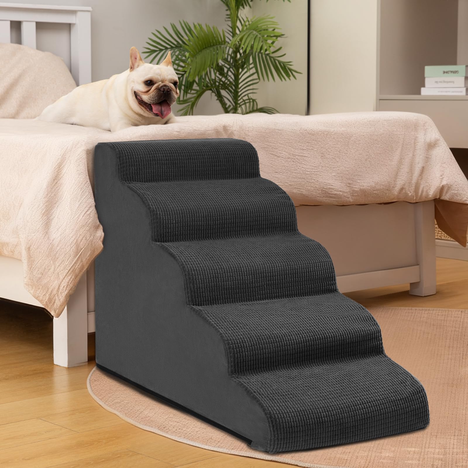 Aodisman 5-Step Dog Stairs and Ramp for High Bed, Non-Slip Sturdy Pet Steps for Small Dogs and Cats,22.2 H, Black