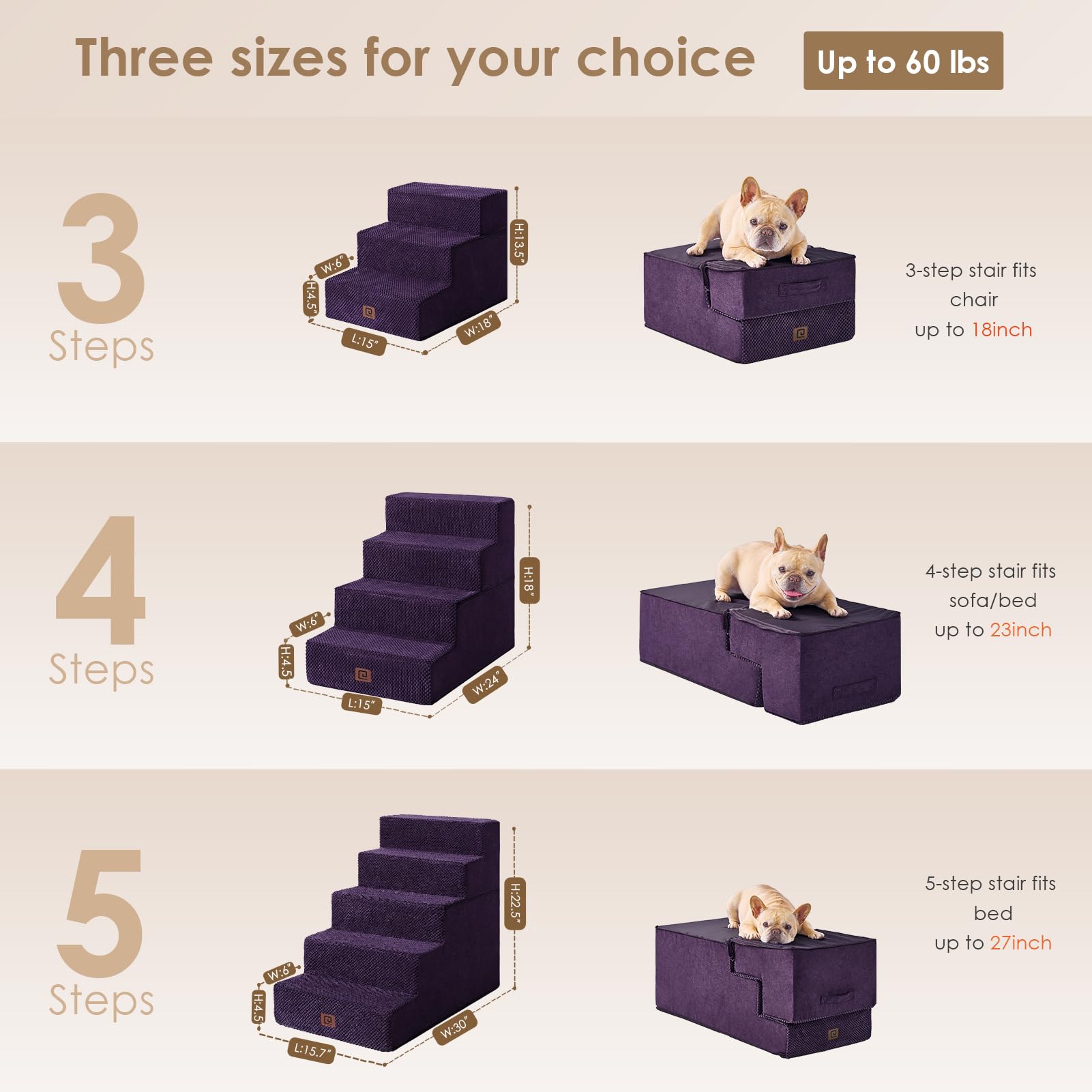 Eheyciga Dog Stairs For Bed 18”H, 4-Step Dog Steps For High Bed, Pet Steps For Small Dogs And Cats, Non-Slip Balanced Dog Indoor Ramp, Purple