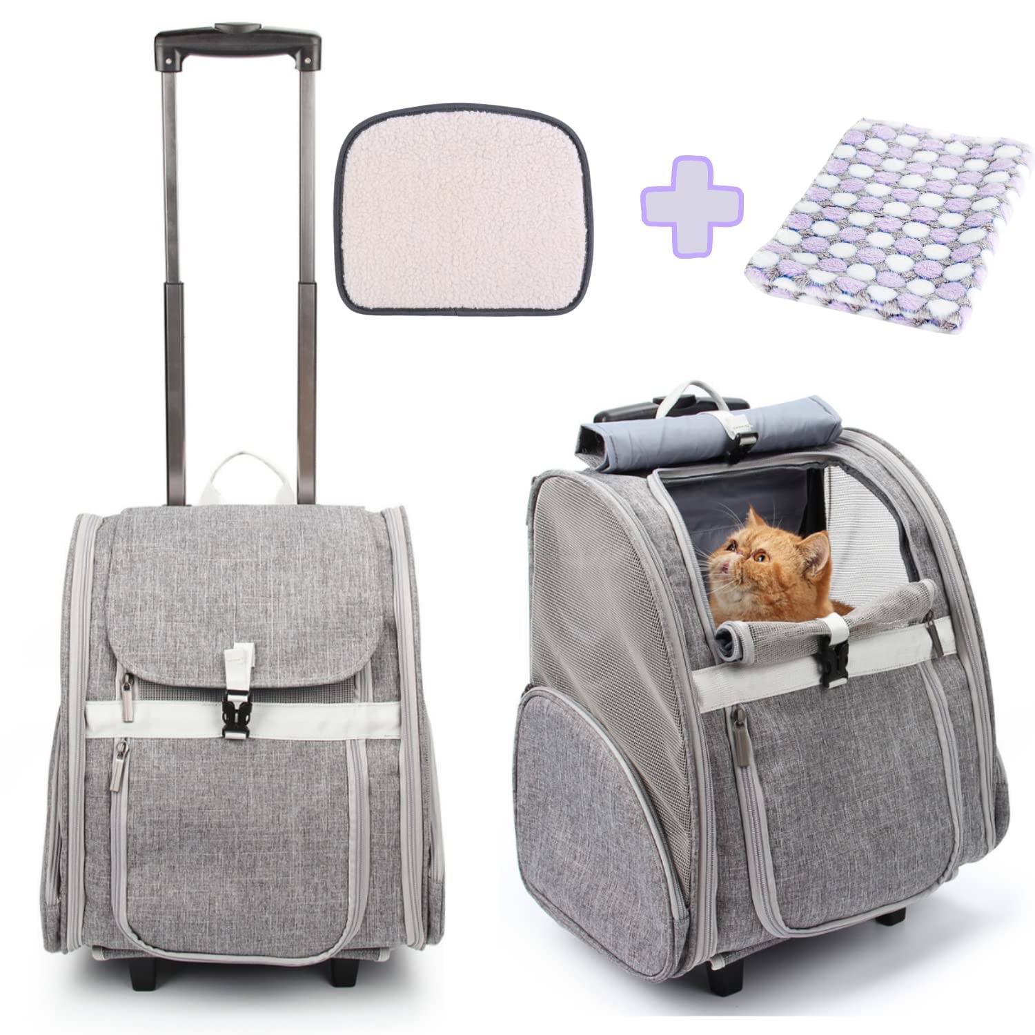 Lollimeow Pet Rolling Carrier, Dog Backpack With Wheels,Cats,Puppies Travel Bag With Wheels,Dog Trolley(Grey)