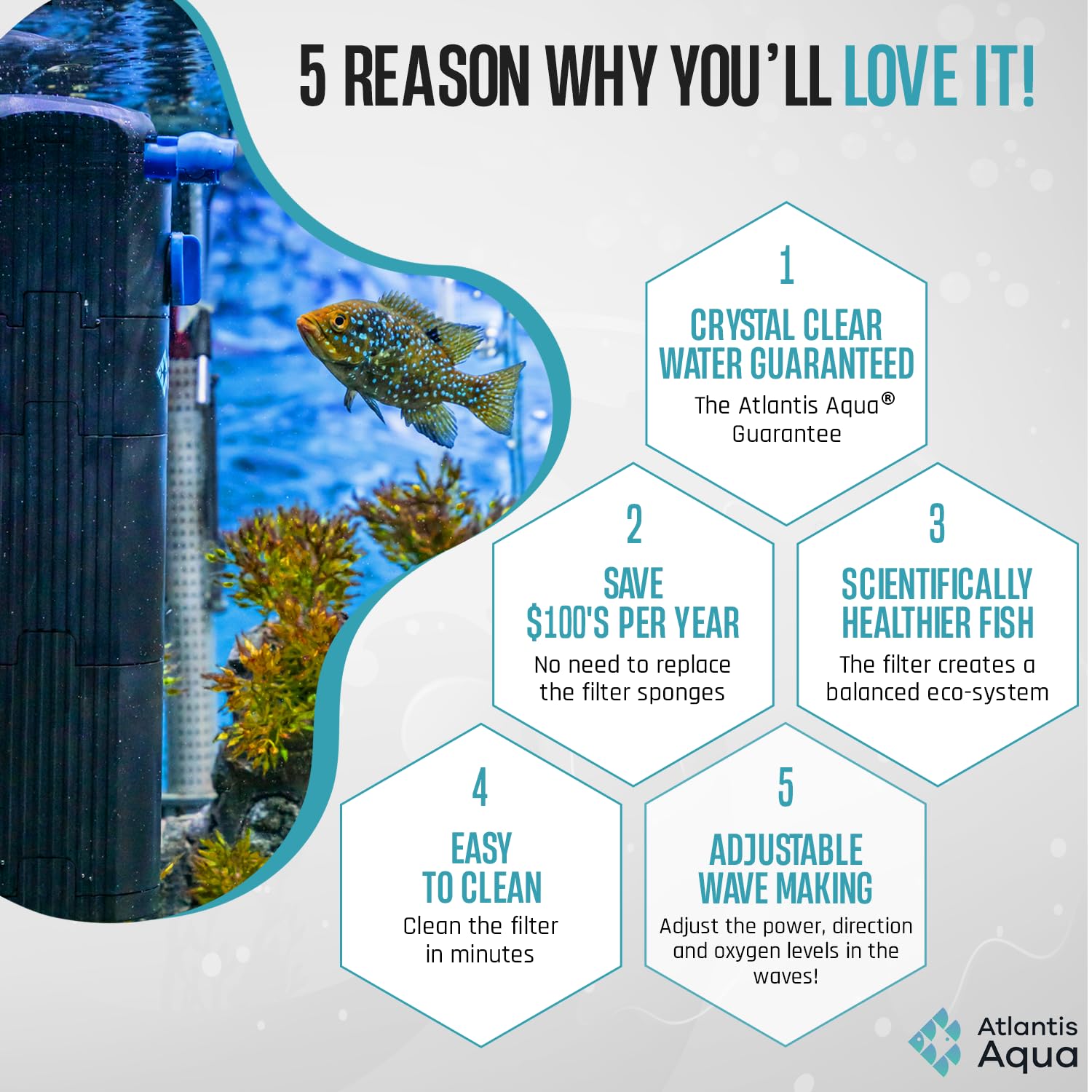 20 Gallon Fish Tank Filter Up To 55 Gallons | Quiet Fish Tank Filter | Crystal Clear Water | Turtle Tank Filter | Submersible Aq