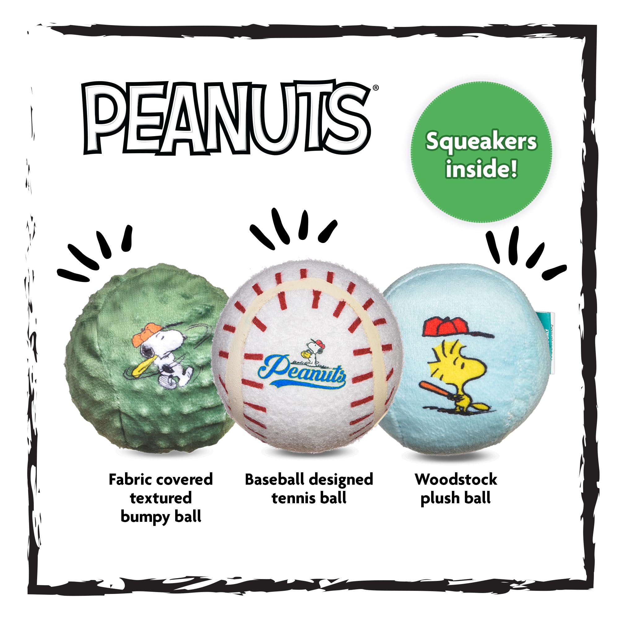 Peanuts For Pets Snoopy The Athlete Multi-Material Dog Ball Toy, 3-Pack - Squeaky, Interactive Dog Toys With Multiple Textures,
