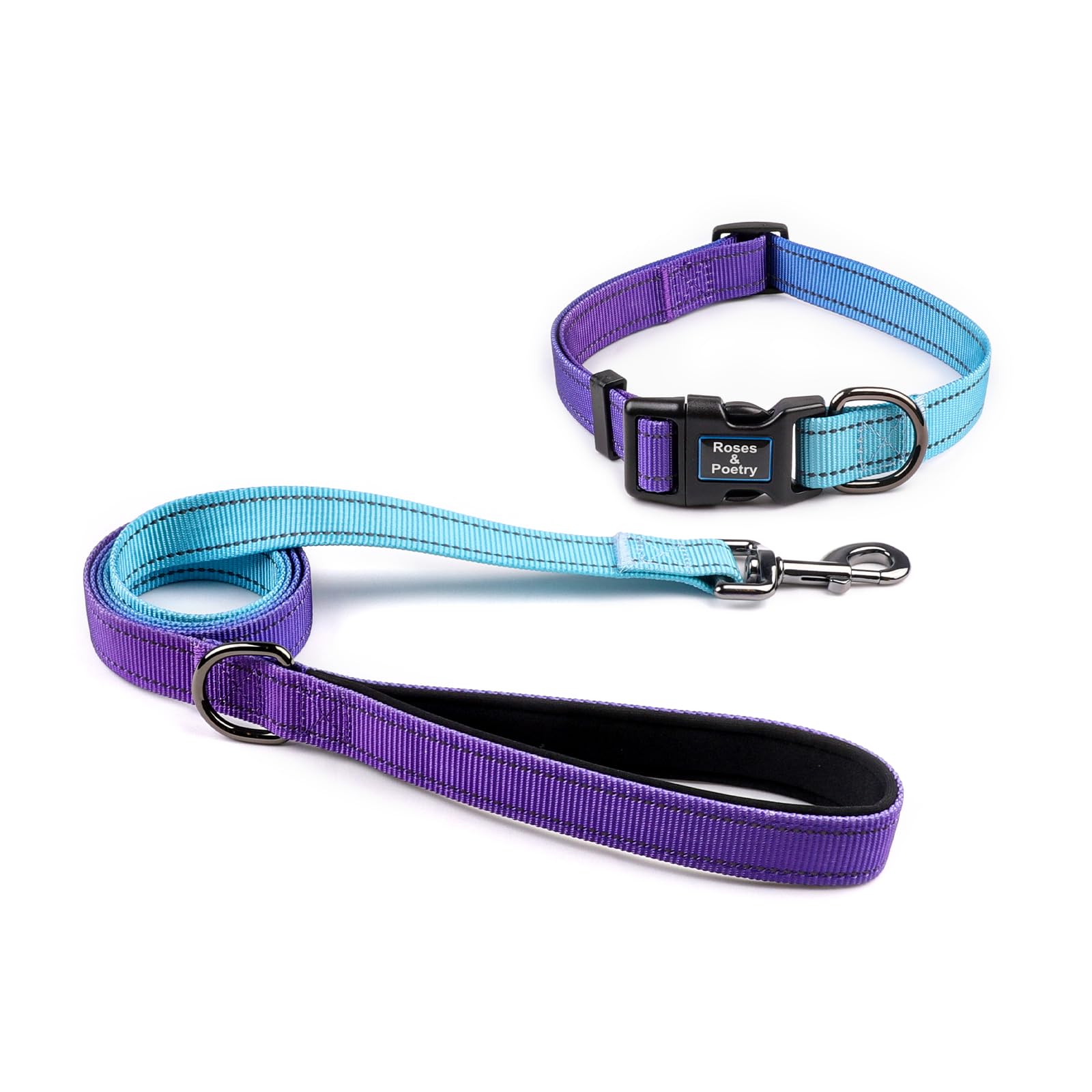 Roses&Poetry Reflective Dog Collar And Lead With Gradient Violet,Adjustable Durable Pet Collars Leash For Medium Large Dogs (Violet-M
