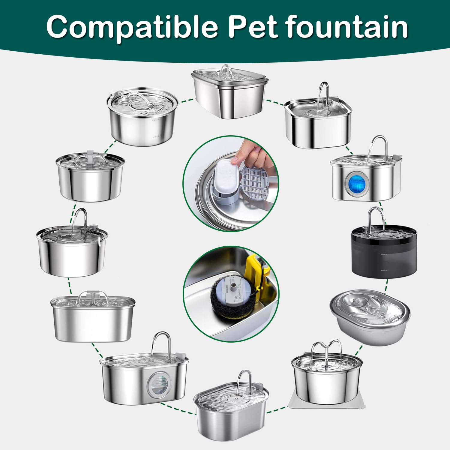 Cat Water Fountain Filters,24 Pack Cat Fountain Replacement Filters for Stainless Steel 67oz/2L Adjustable Water Flow Pet Water