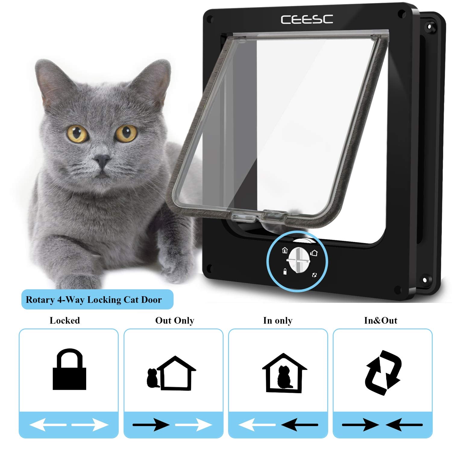 Ceesc Large Cat Doors, Magnetic Pet Door With 4 - Way Rotary Lock For Cats, Kitties And Kittens, Upgraded Version (Large, Black)