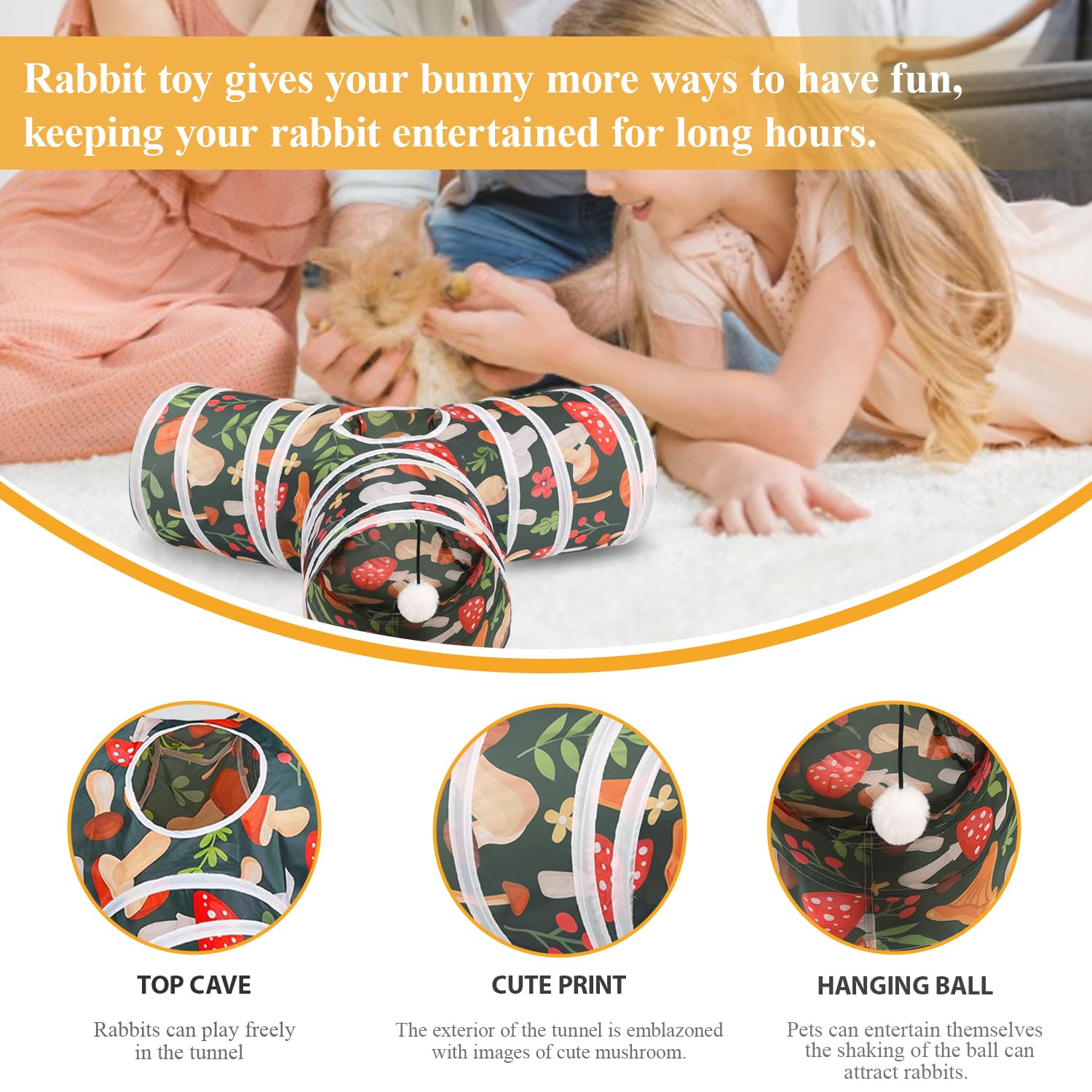 Hercocci Rabbit Toys, Bunny Tunnel & Tube, Collapsible 3 Way Rabbit Hideout Tunnel With Chew Toy For Bunny Guinea Pig Ferret Kit