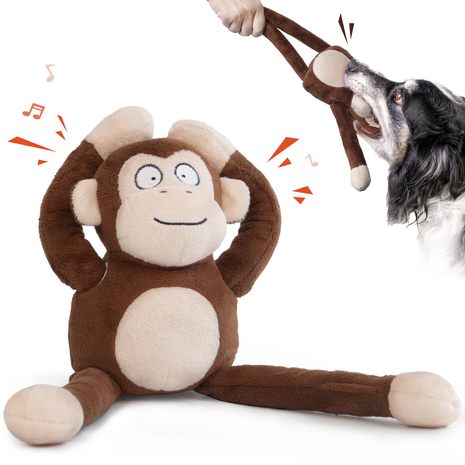 Monkey Squeaky Dog Toys with Crinkle Paper Stuffed Durable Tug of War Plush Cute Puppy Toys to Keep Them Busy for Small Medium L