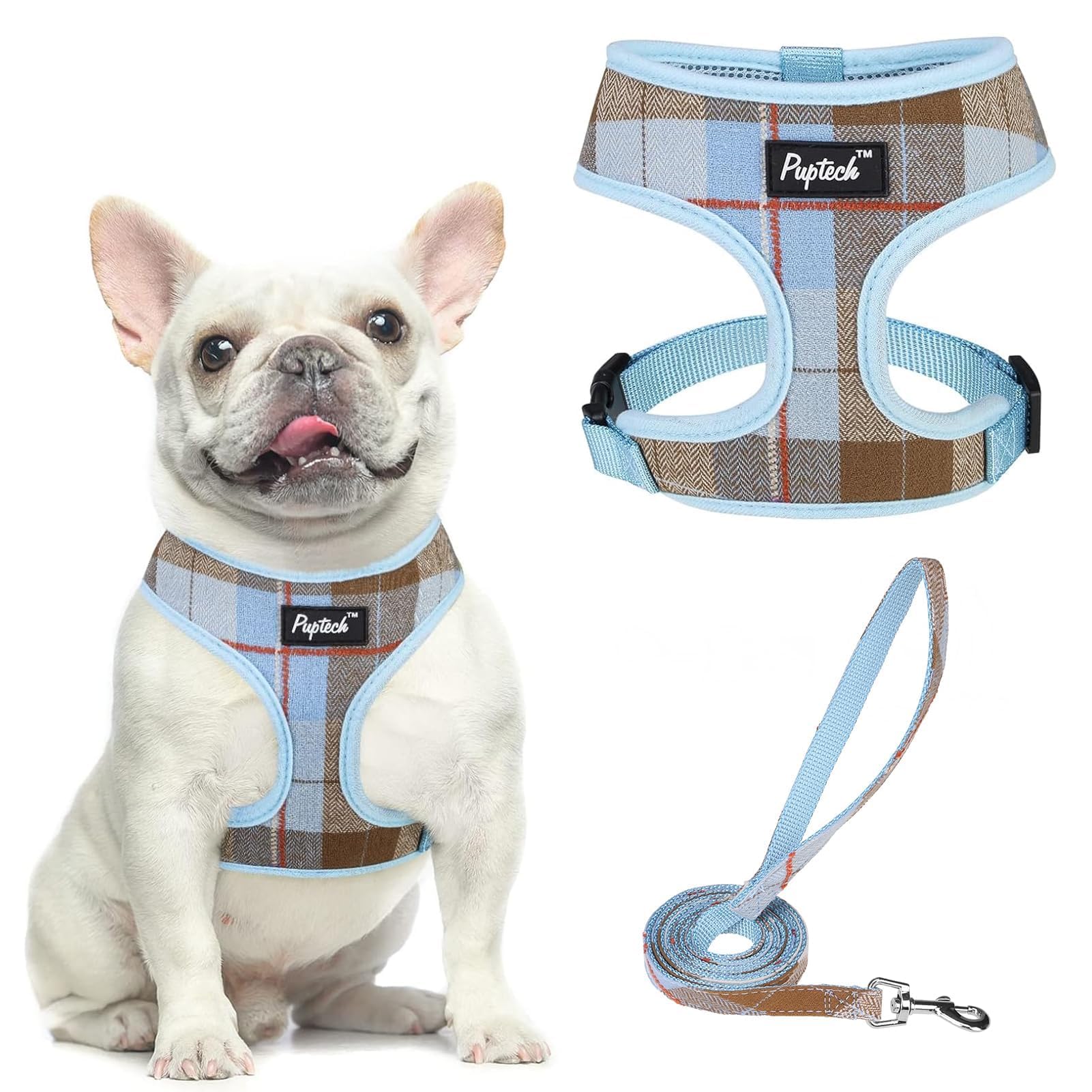 Pupteck Soft Mesh Dog Harness And Leash Set Pet Puppy Cat Comfort Padded Vest No Pull Harnesses, Blue&Brown, L