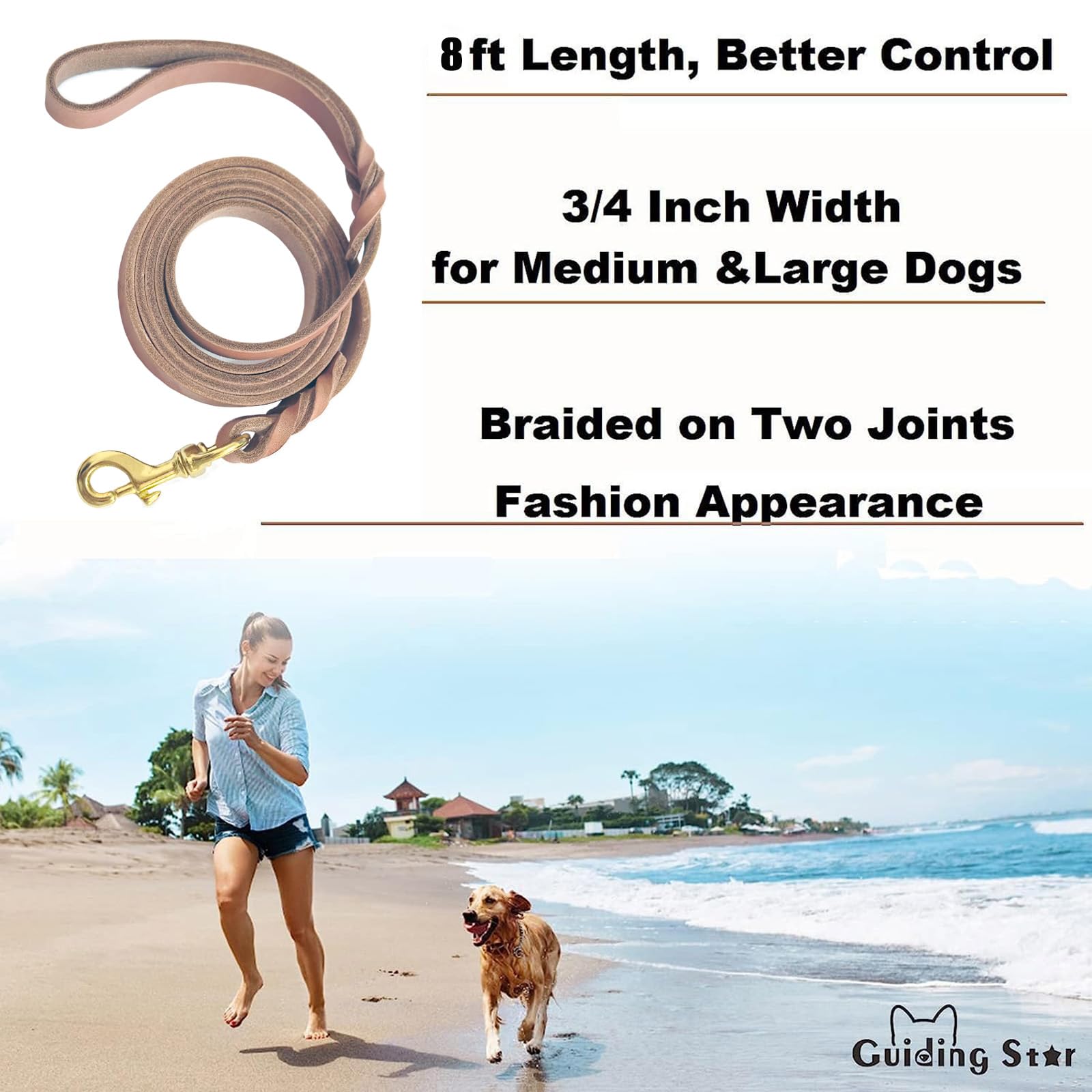 Guiding Star Leather Dog Leash 8ft, Dog Leashes for Large Dogs Heavy Duty, Soft Braided Handmade Leather Training Leash for Medi
