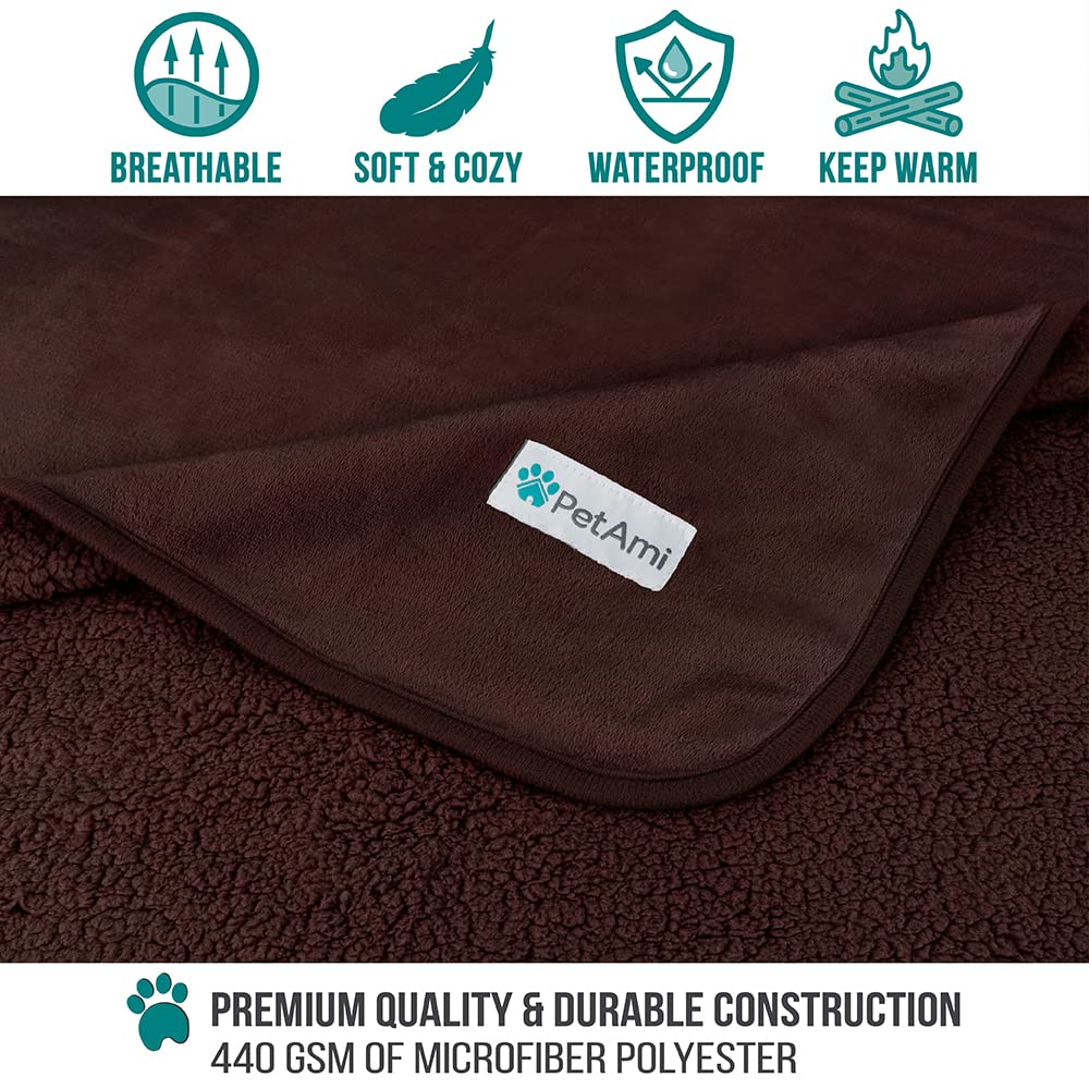 Petami Waterproof Dog Blanket For Large Giant Dogs, Pee Proof Pet Blanket Sherpa Fleece Crate Cover, Reversible Cat Throw Bed Kennel Protector, Soft Plush Washable Pad (Queen 90X90, Brown)