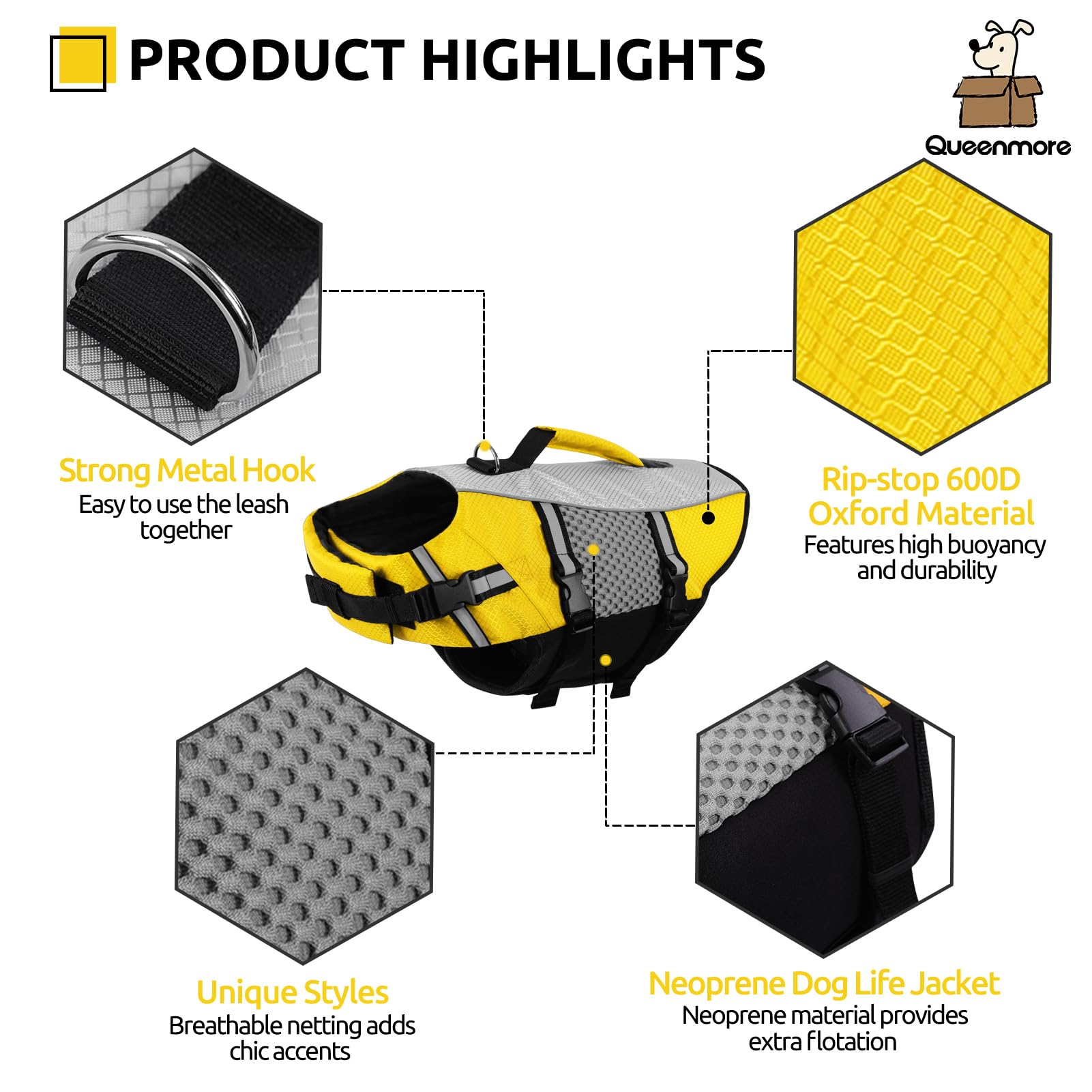 Queenmore Dog Life Jacket Swimming Vest Small Medium Dogs Neoprene Life Vest Lightweight Reflective Dog Lifesaver For Boating Ka