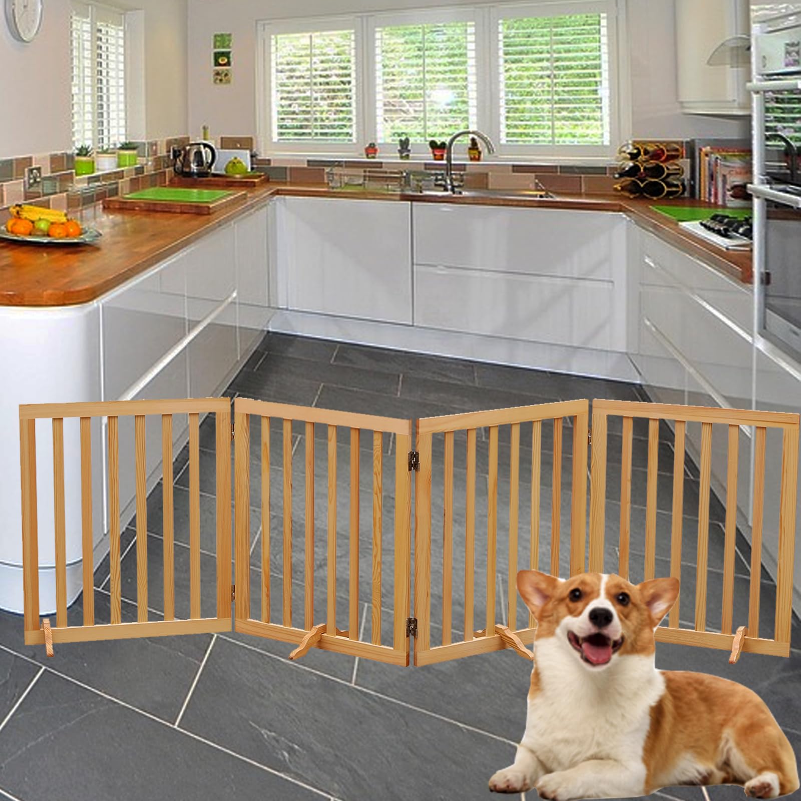 Dog Gates Wooden Pet Gate Indoor Dog Fence for The House,Collapsible Wood Dog Gates for Stairs,Freestanding Dog Gate for Doorway