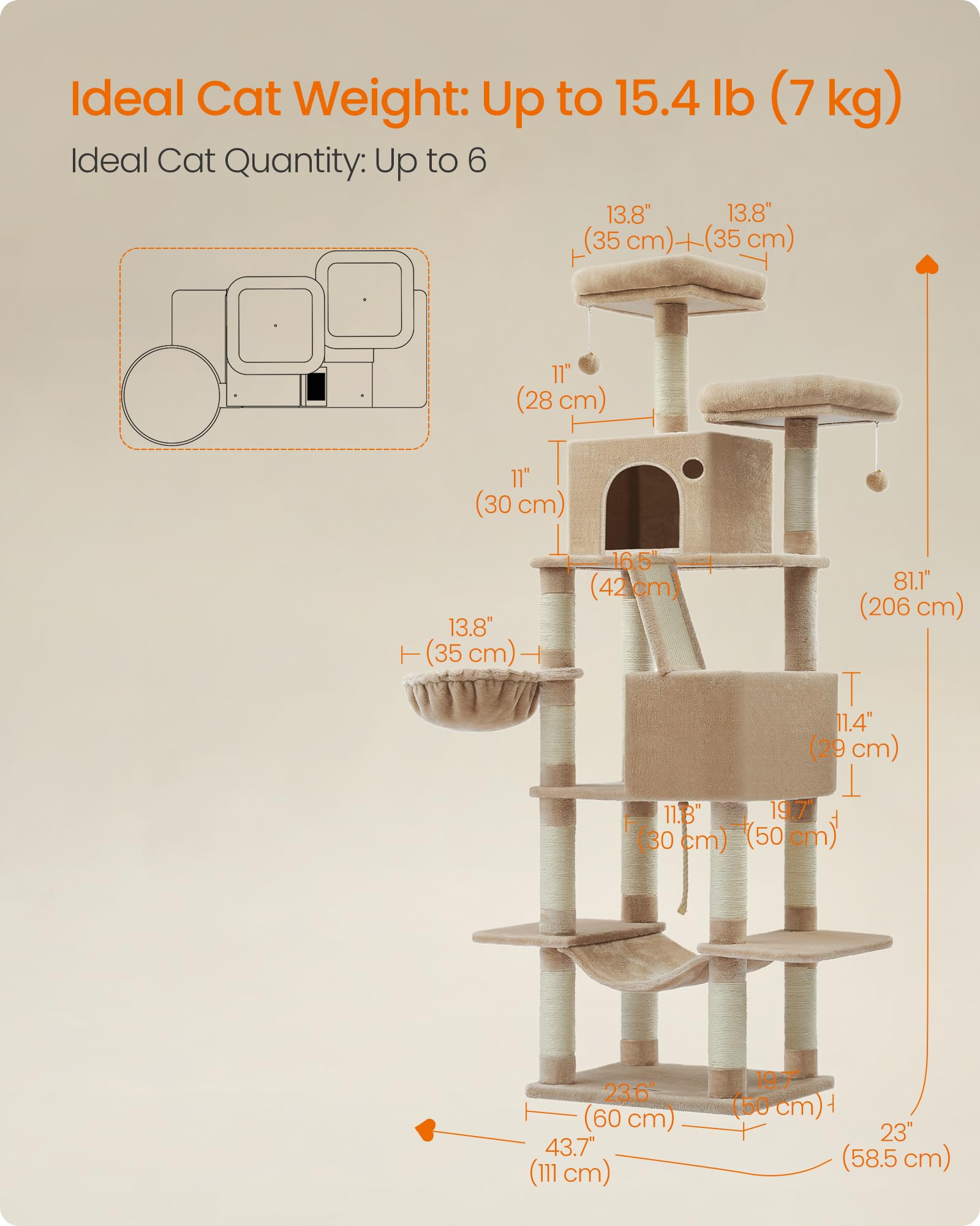 Feandrea Cat Tree, 81.1-Inch Large Cat Tower With 13 Scratching Posts, 2 Perches, 2 Caves, Basket, Hammock, Pompoms, Multi-Level