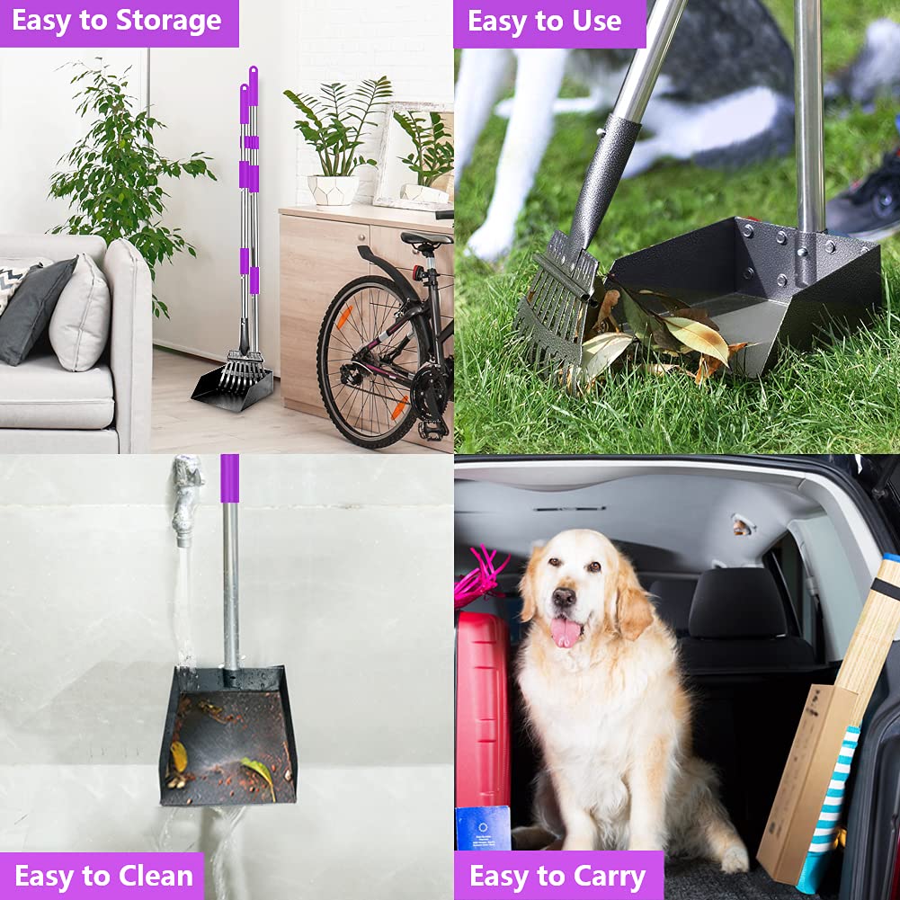 Qimh Upgraded Dog Pooper Scooper Extra Large, Adjustable Long Handle Stainless Metal Pet Poop Tray And Rake Set For Large Medium Small Dogs, Dog Waste Removal Bin Rake, Great For Grass, Street, Gravel