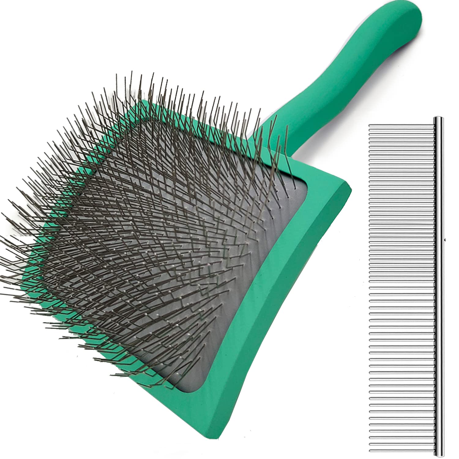 Large Slicker Dog Grooming Brush Kit - Ergonomic Wooden Handle, Long Pins For Goldendoodles, Poodles, Doodles & Haired Dogs (Gre