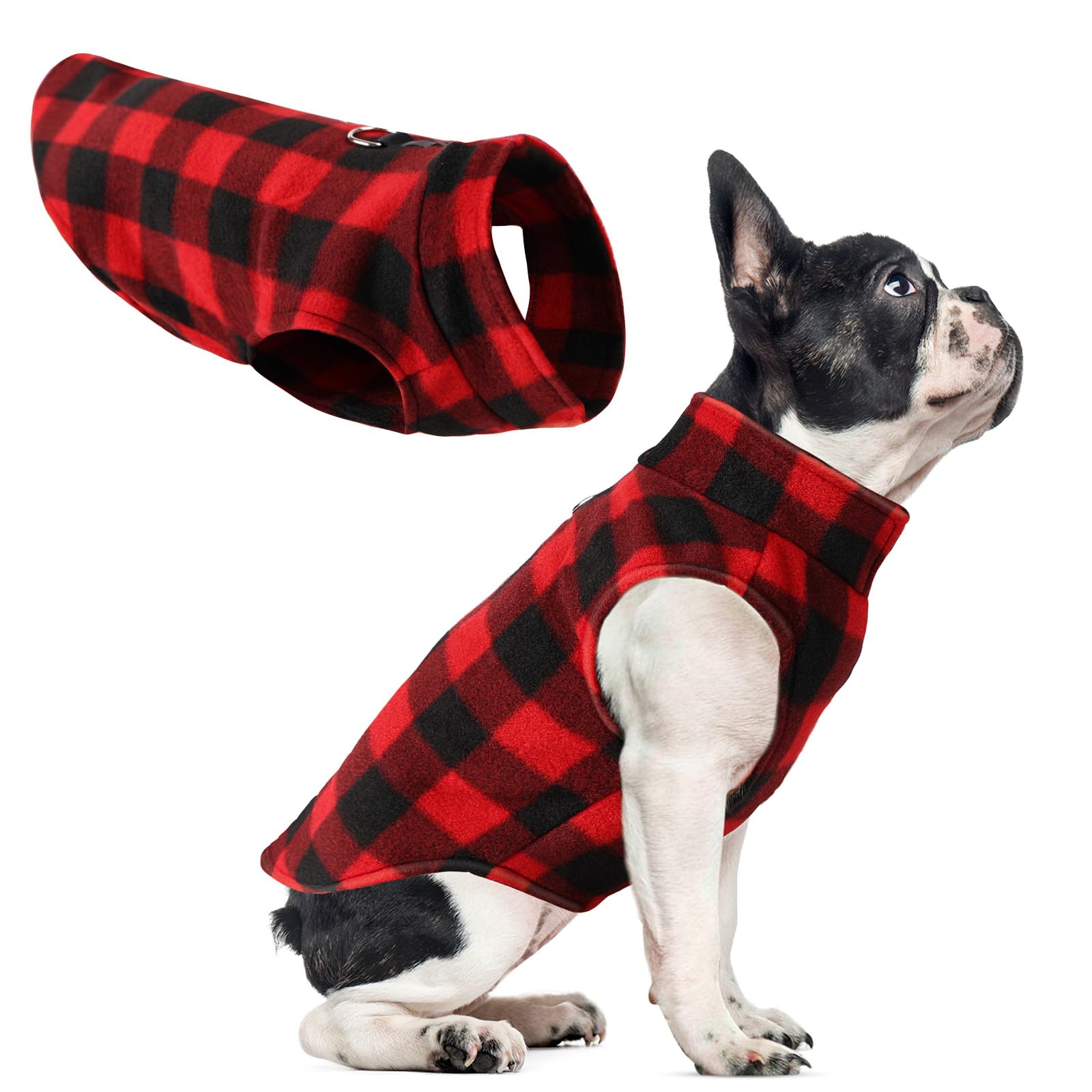 Red Plaid Fleece Dog Sweater Vest, Warm Pullover Jacket For Small To Large Dogs, Stretchy Vest With D Ring Leash