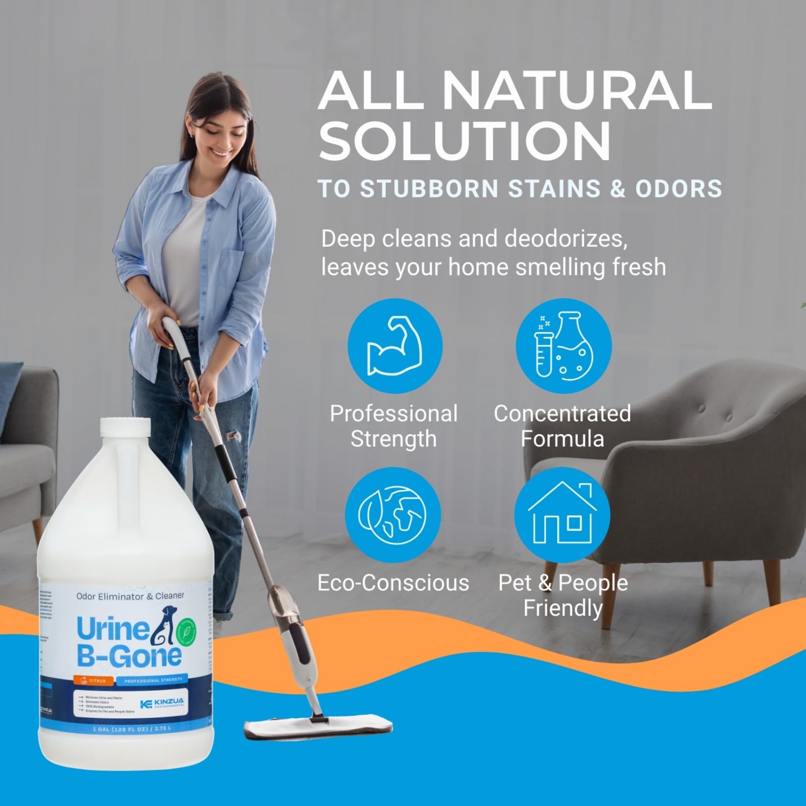 KINZUA ENVIRONMENTAL Urine B-Gone Enzyme Odor Eliminator, 1 Gallon, Citrus Scent, Effective for Pets & Laundry