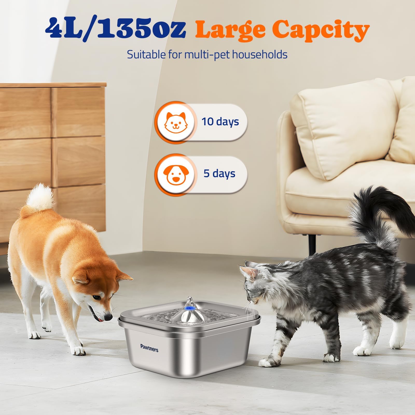 Cat Water Fountain Stainless Steel: 4L/140Oz Pet Fountain Water Bowl Indoor, Automatic Dog Drinking Dispenser, Cat Feeding Water
