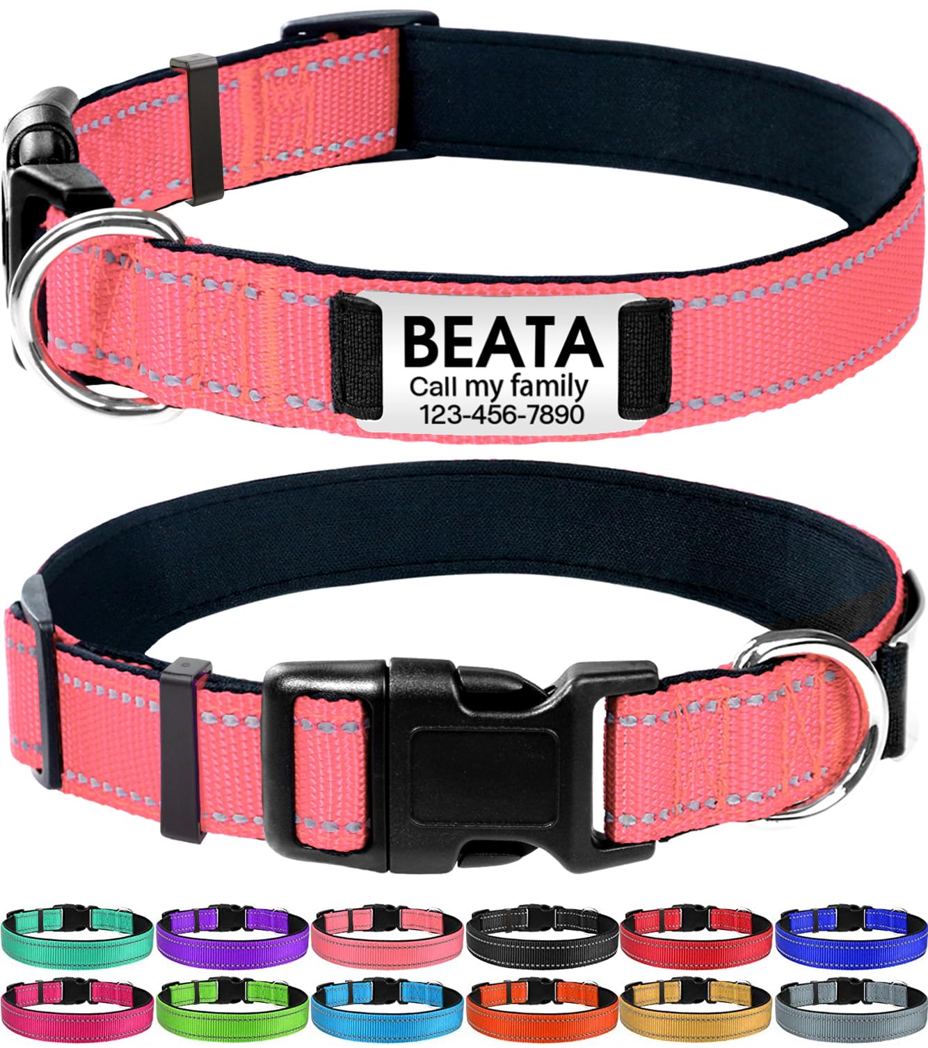 Joytale Personalized Dog Collars, Reflective Nylon Dog Collar With Engraved Name Plate, Customized For Puppy And Small Dogs, Pink, Xs