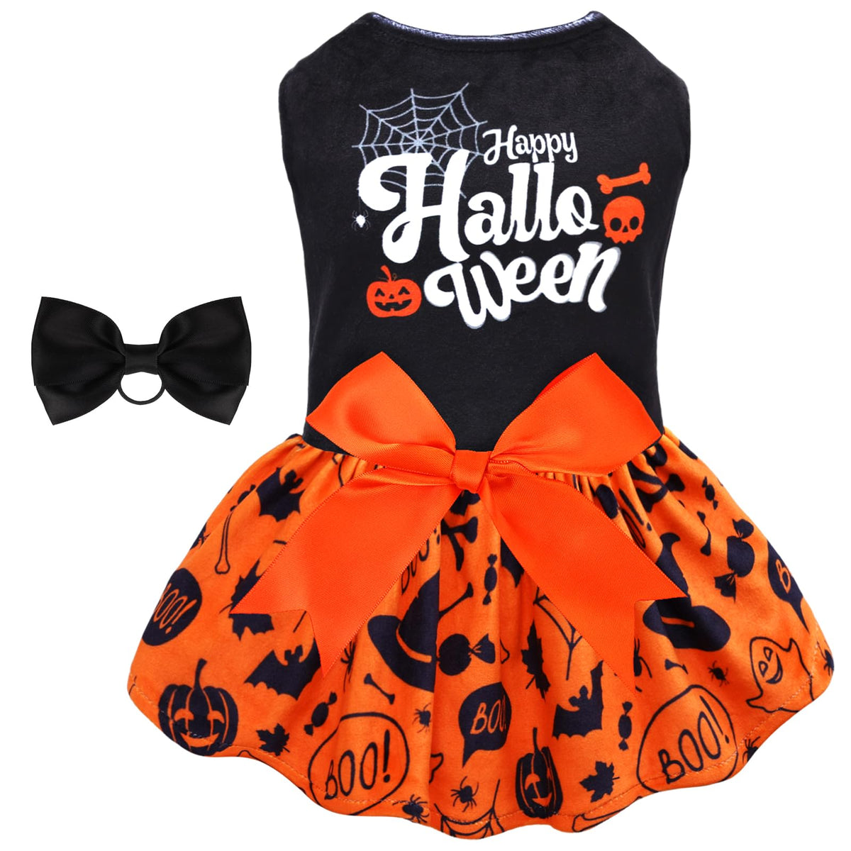 Cutebone Halloween Dog Dresses Velvet Holiday Small Dogs Clothes Onesie Pet Apparel Girl Puppy Skirt With Bow Hair Rope Cva43S-D