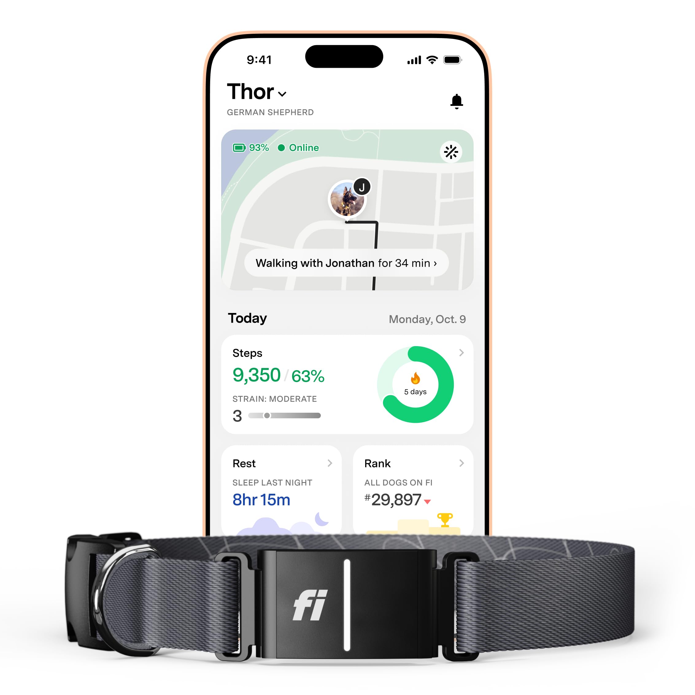 Fi New Series 3+ Smart Dog Collar - GPS Dog Tracker and Activity & New Fitness Monitor, Waterproof, LED Light, Escape Alerts, Na