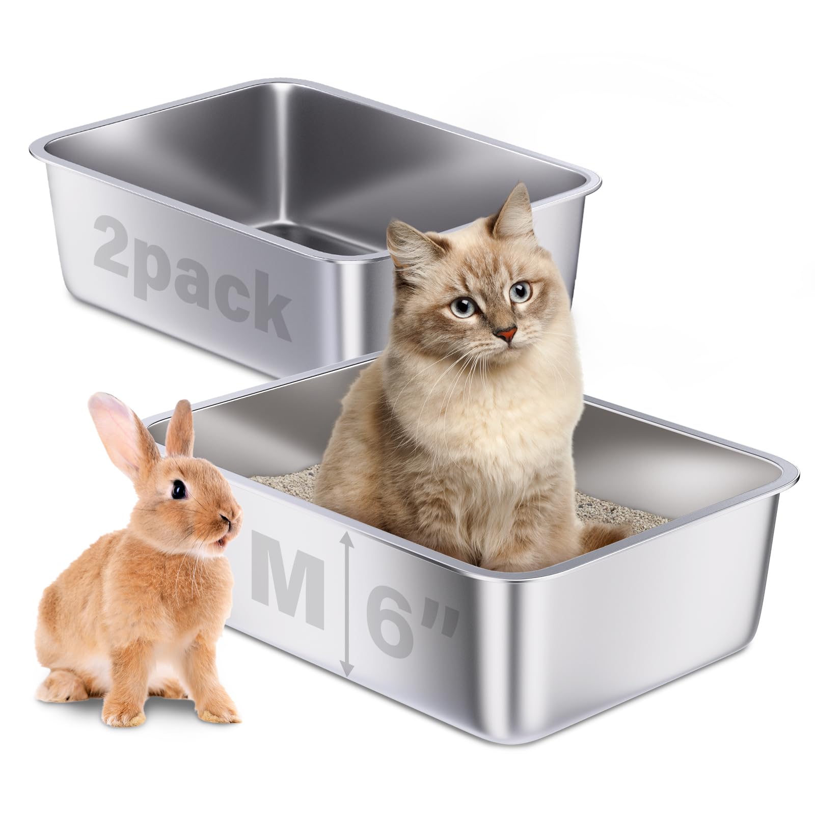Holintan Stainless Steel Litter Box 2 Pack, 18'X14'X6' Medium Cat Litter Box Easy To Clean, Never Absorb Odor, Non Stick Meta
