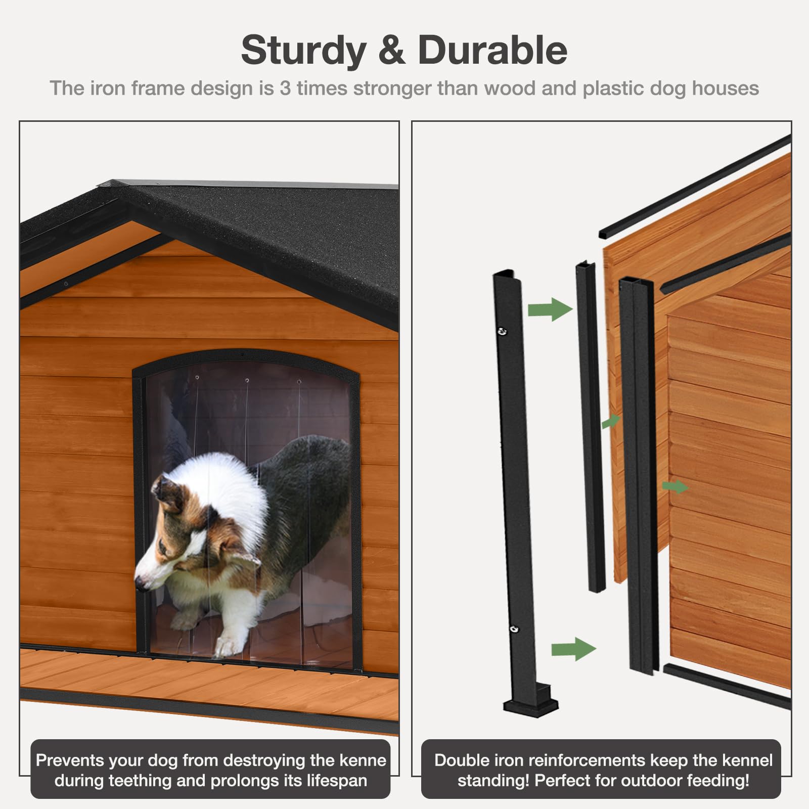 Medehoo Insulated Dog House Outdoor - Large All-Around Iron Frame - Fir Wood Construction And Weatherproof- Ideal For All Dog Br