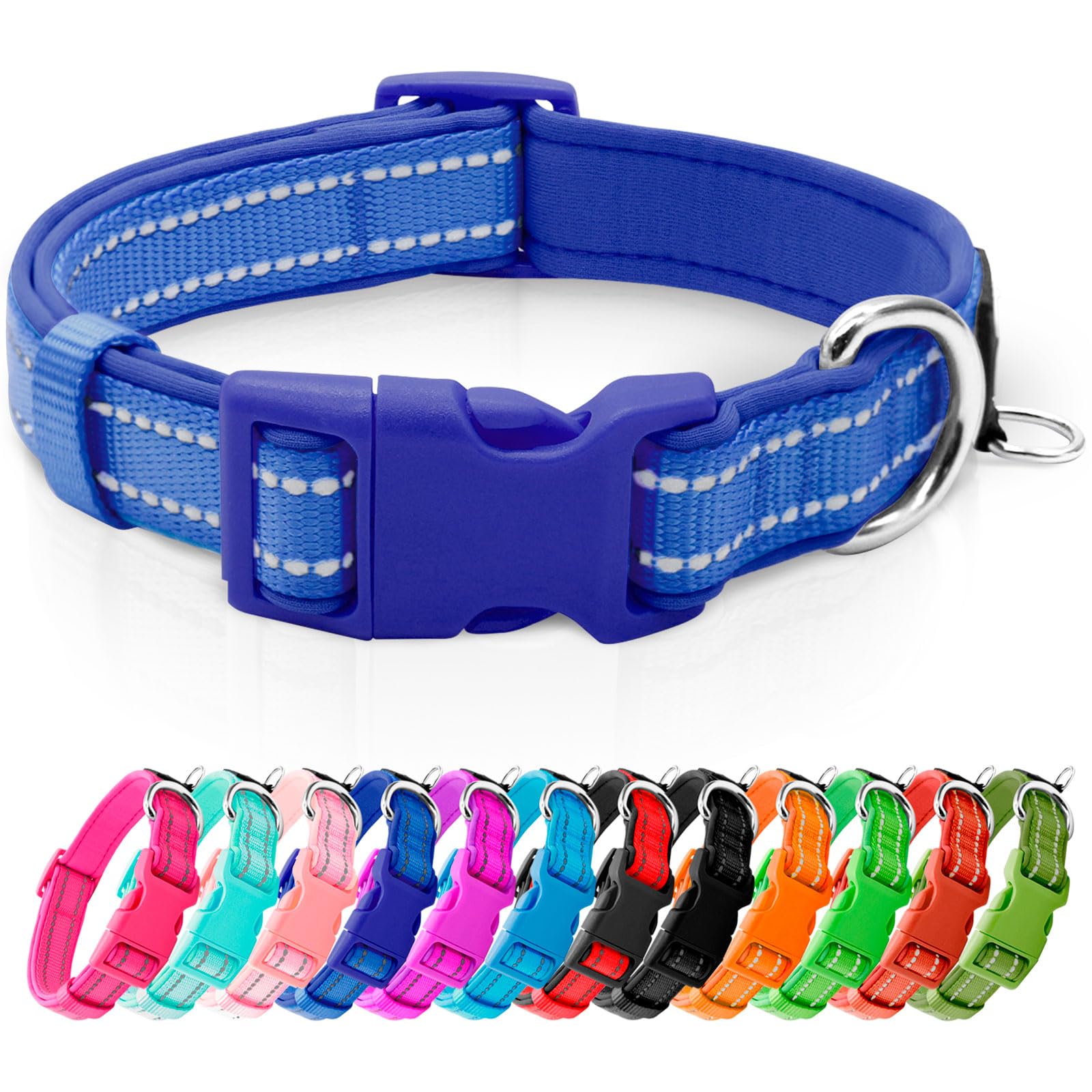 Azuza Reflective Dog Collar,Soft Neoprene Padded Pet Collar With Id Tag Ring,Adjustable For Large Dogs,Royal Blue,L