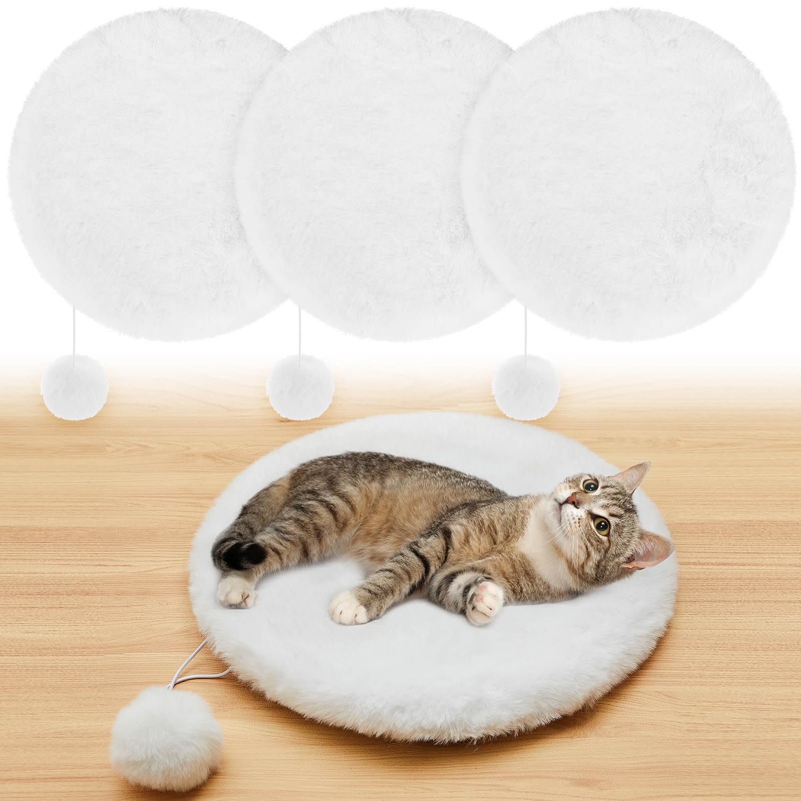 Abbylike 3 Pack 13.8 Round Cat Dog Bed Cushion Pad Mat Faux Rabbit Fur Pet Sleeping Mat With Small Ball Warm Plush Anti Slip Was