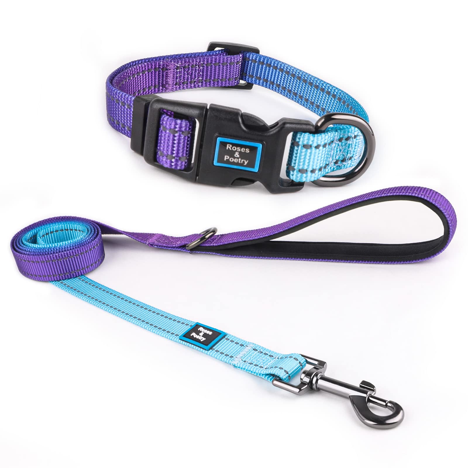 Roses&Poetry Reflective Dog Collar And Lead With Gradient Violet,Adjustable Durable Pet Collars Leash For Medium Large Dogs (Violet-L