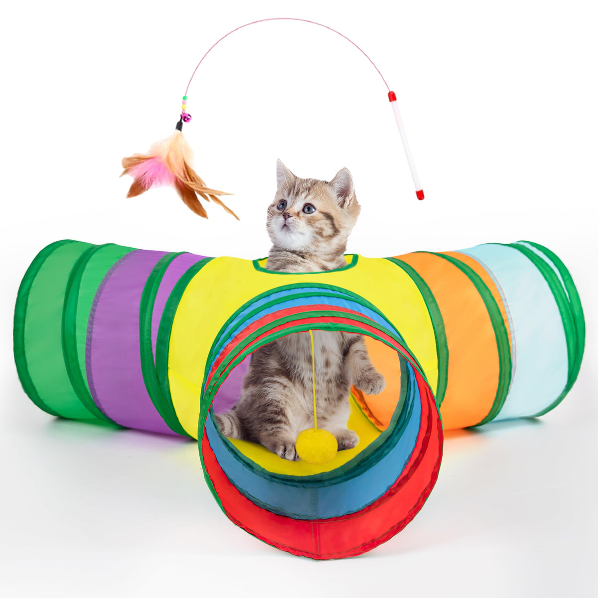 Tempcore Pet Cat Tunnel Tube Cat Toys 3 Way Collapsible, Cat Tunnels For Indoor Cats,Kitty Tunnel Bored Cat Pet Toys Peek Hole Toy Ball Cat, Puppy, Kitty, Kitten, Rabbit Rainbow