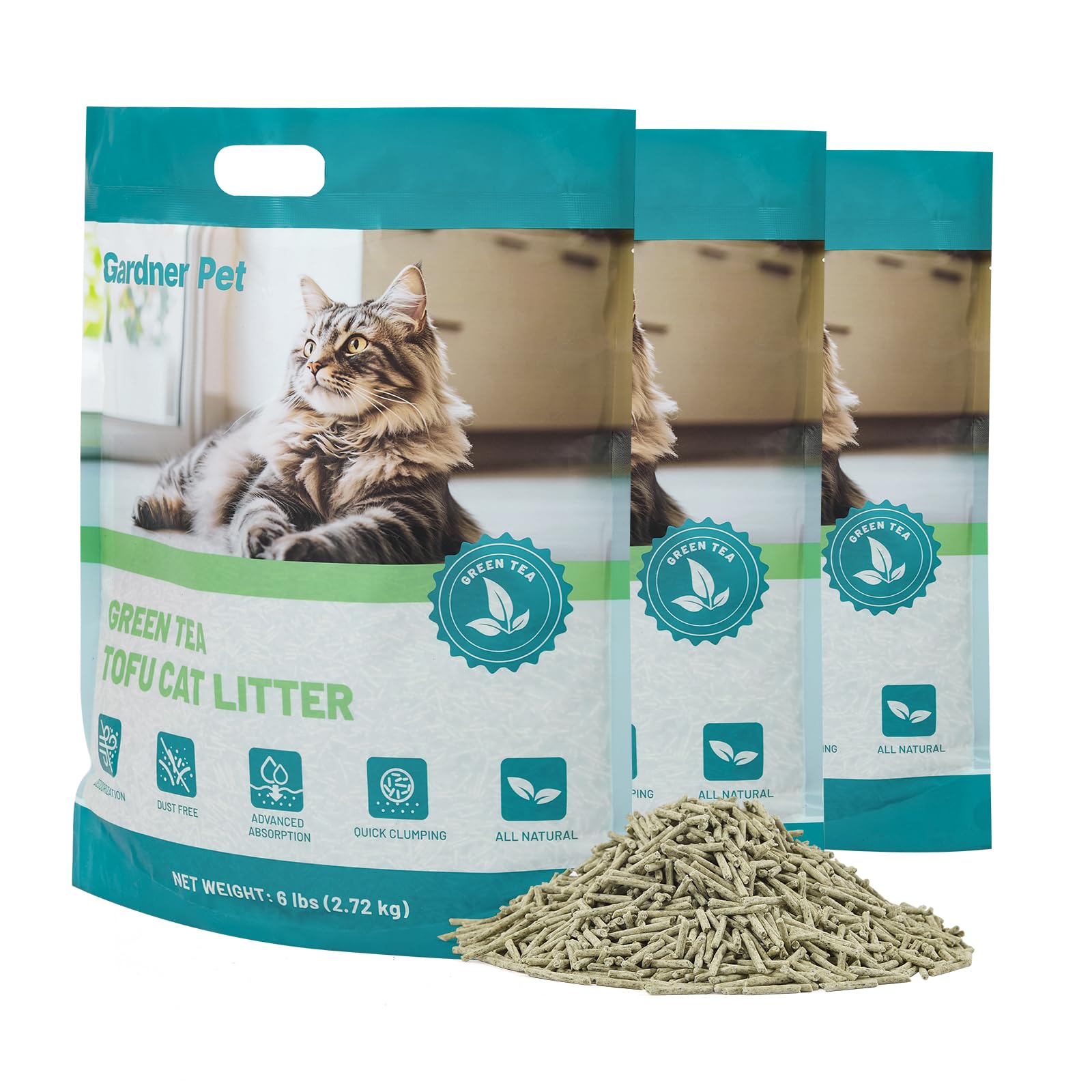 Gardner Pet Natural Tofu Cat Litter, Cat Litter With Green Tea Extract - Dust-Free, Fast Clumping, Flushable, And Odor Control F